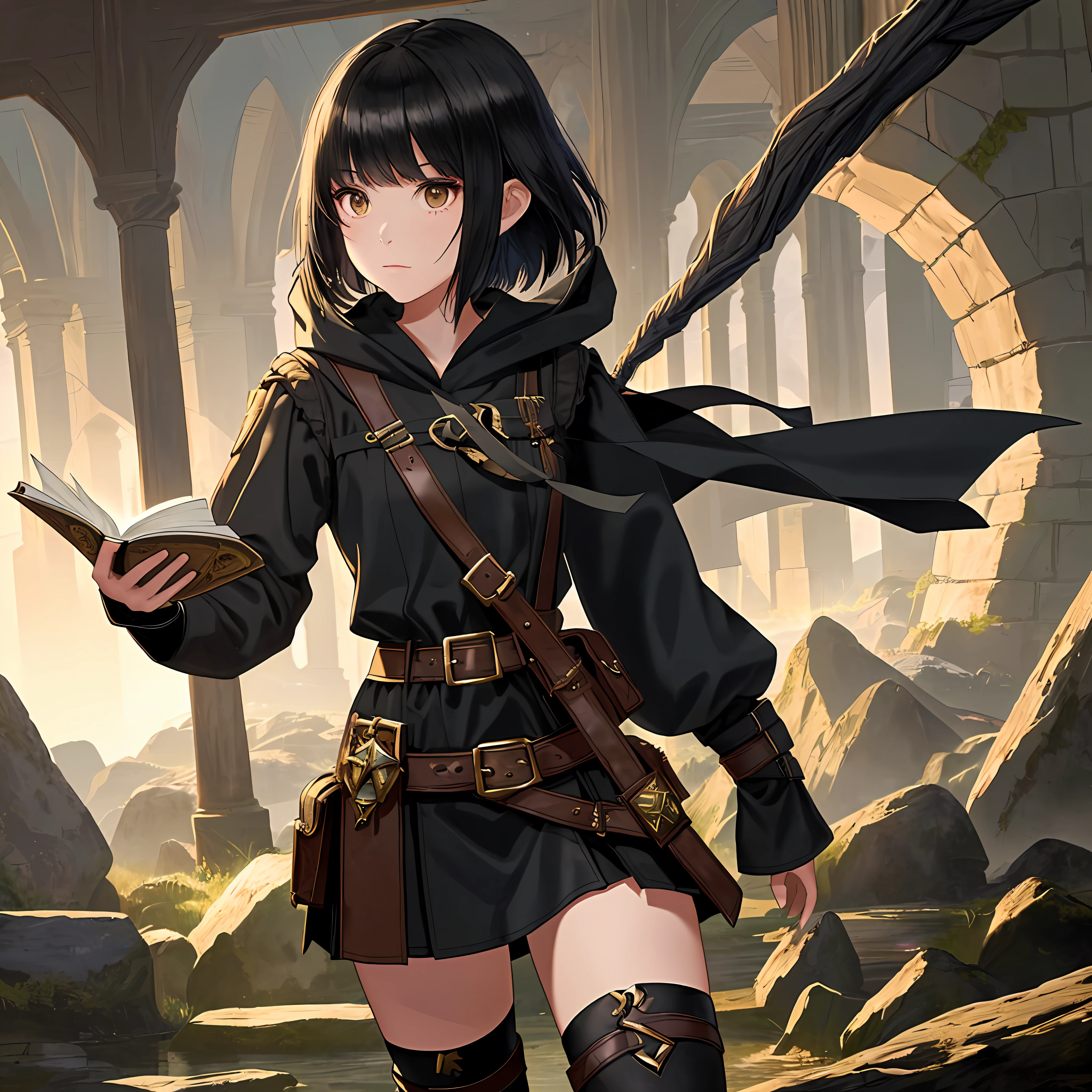 ((masterpiece,8k,highest quality:1)),(1girl,solo,standing,full body)) black haired bob, brown eyed girl (youthful). (Mage,thief,mage-thief,spellthief,eldritch trickster,arcane trickster,adventurer). Hood down, robes, belt, pouches, slit skirt, Thigh strap, satchel, spellbook.