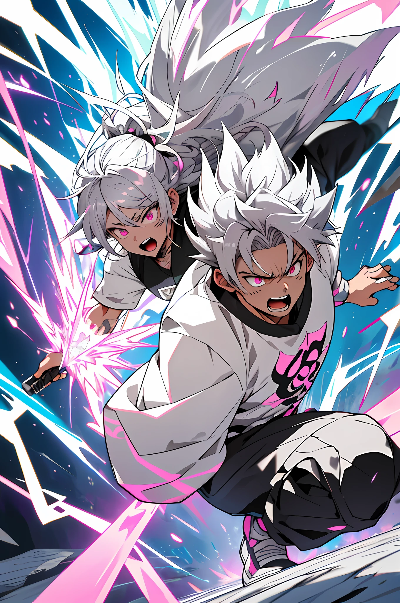 Supersayajin Ultra, light gray hair color diamond gradient, pink eyes with black outlines painted around the eyes, white clothing with black dragon tatoon print, open mouth screaming, fighting with much fury against enemy, scenery in heaven and earth destroying everything