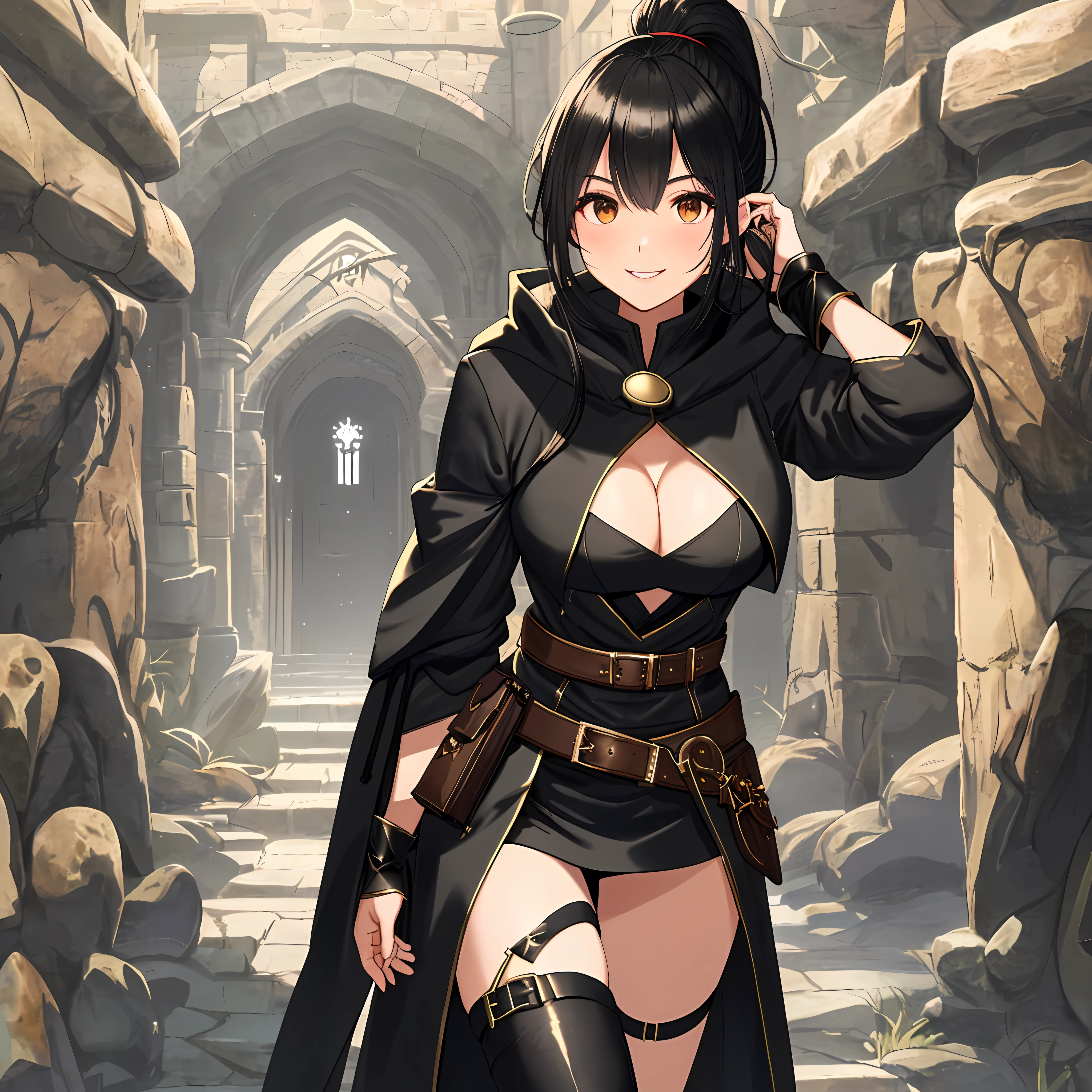((masterpiece,8k,highest quality:1)),((1girl,solo)),((standing,full body)) black haired (long hair ponytail), brown eyed girl (youthful,cute face,smile,plump lips). (Mage,thief,mage-thief,spellthief,eldritch trickster,arcane trickster,adventurer). Dark clothes, Hood down, layered robes, bulky robes, belt, pouches, slit skirt, Thigh strap, satchel, spellbook. (Slim,slender,Busty,buxom,wasp waist,large breasts,long legs)