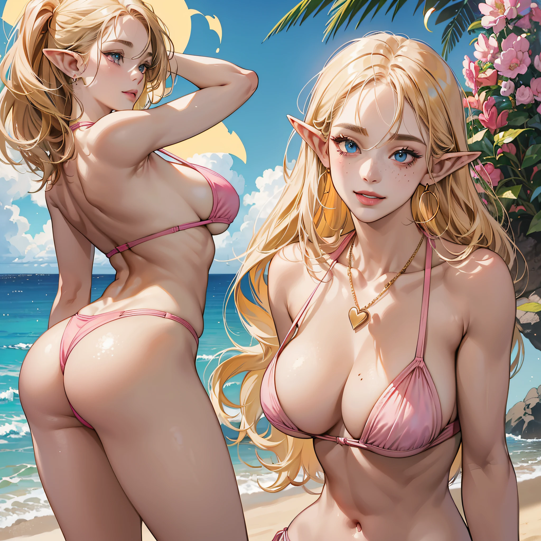 (Best quality, 4k, Masterpiece :1.3), beautiful woman, hyper realistic, 1girl, (droopy breasts, attractive body :1.2), sit-ups :1.1, long straight light yellow hair with bangs :1.1, ultra-detailed face, detailed lips, detailed eyes, double eyelid, open neckline, hanging breasts, side pose, visible curves, on the beach, muscular turned leg, large breasts, blue eyes, open sky with sun, smiling, Japanese, big ass, standing on his back looking back, show more ass, freckle on face, freckle on ass, beautiful elf, pink lips, pink heart earrings, golden necklace with pink heart, tight and short pink bikini --auto --s2