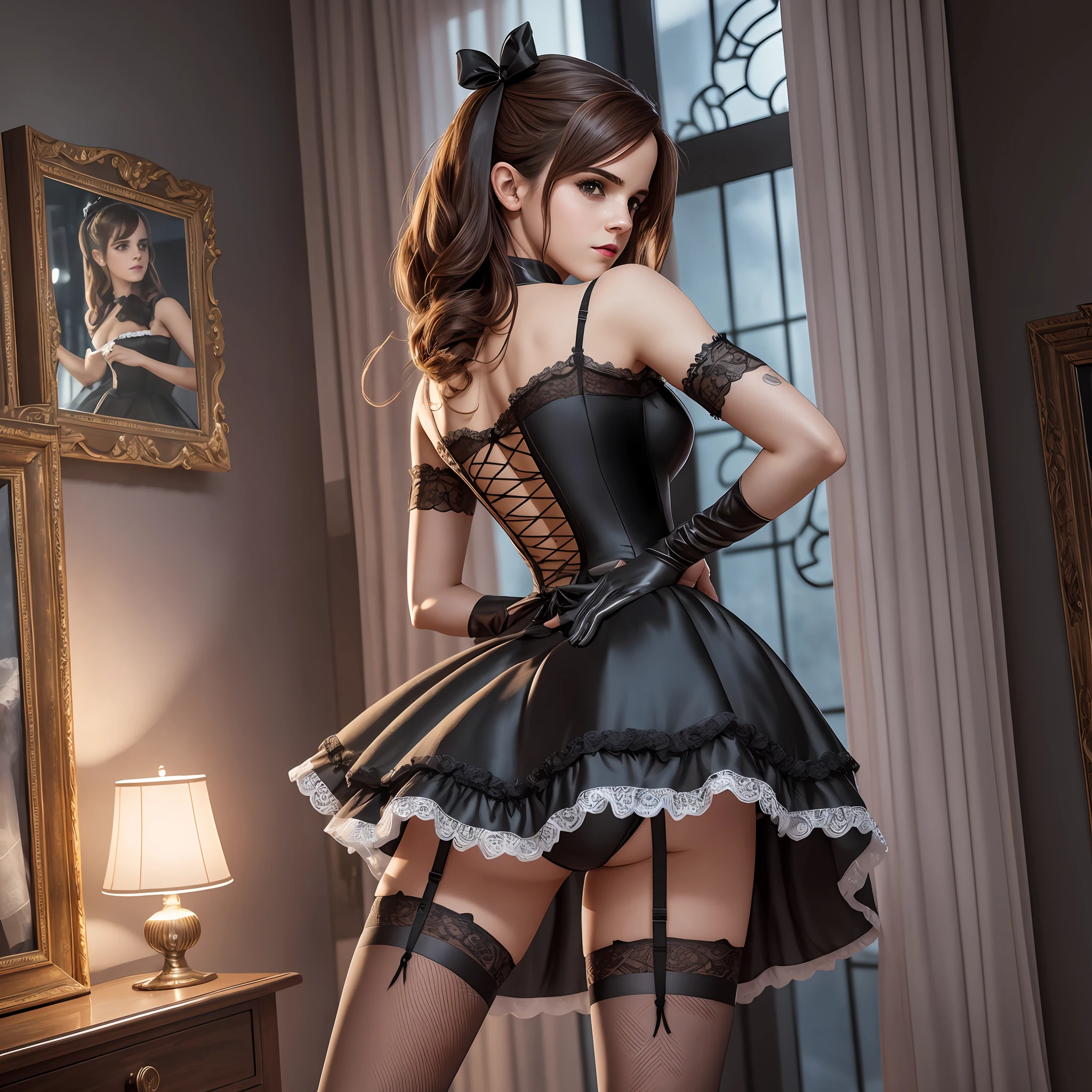 emma watson, sexy, full body shot, shot from behind, bedroom background, standing pose, sexy pose, gothic style, french maid, maid long dress, bride, stockings, pantyhose, heels, corsait, sexy lace clothing, long gloves, lipstick, hot attractive female, detailed face, perfect body, black hair, late hours, high resolution, best quality, 4k, looking at viewer --auto --s2