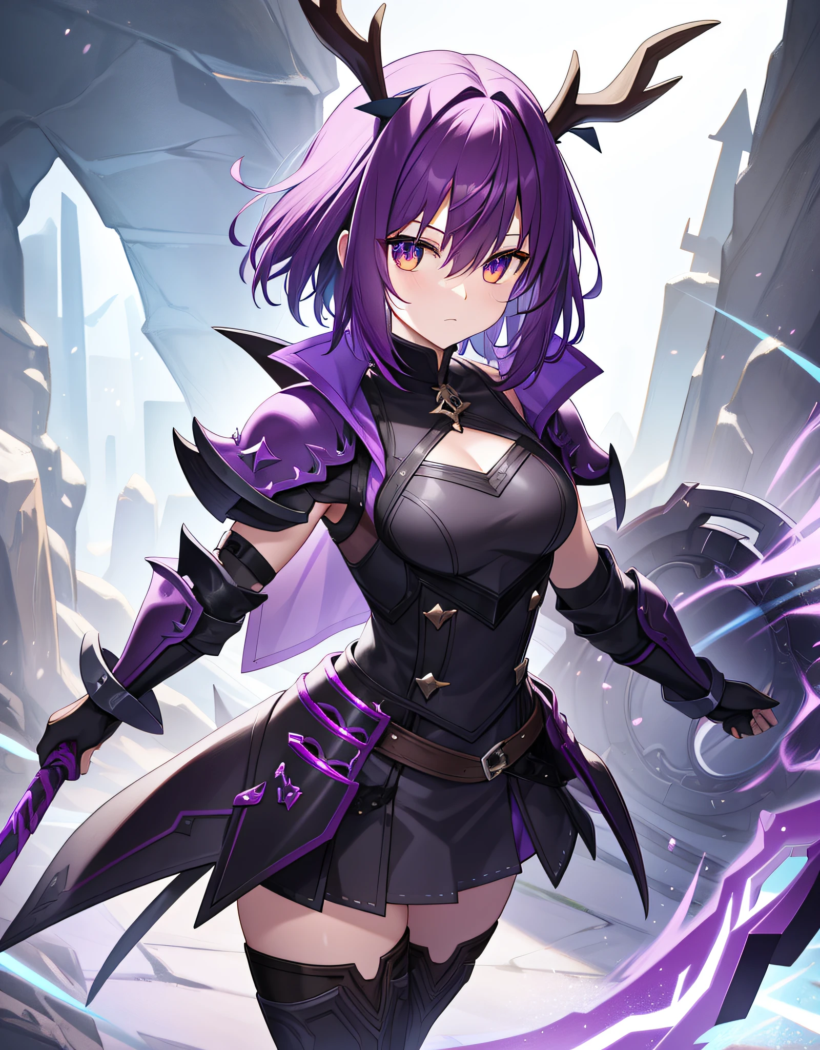 Knight Jackalope, short purple hair, jackalope antlers, dark armor(masterpiece, best quality)