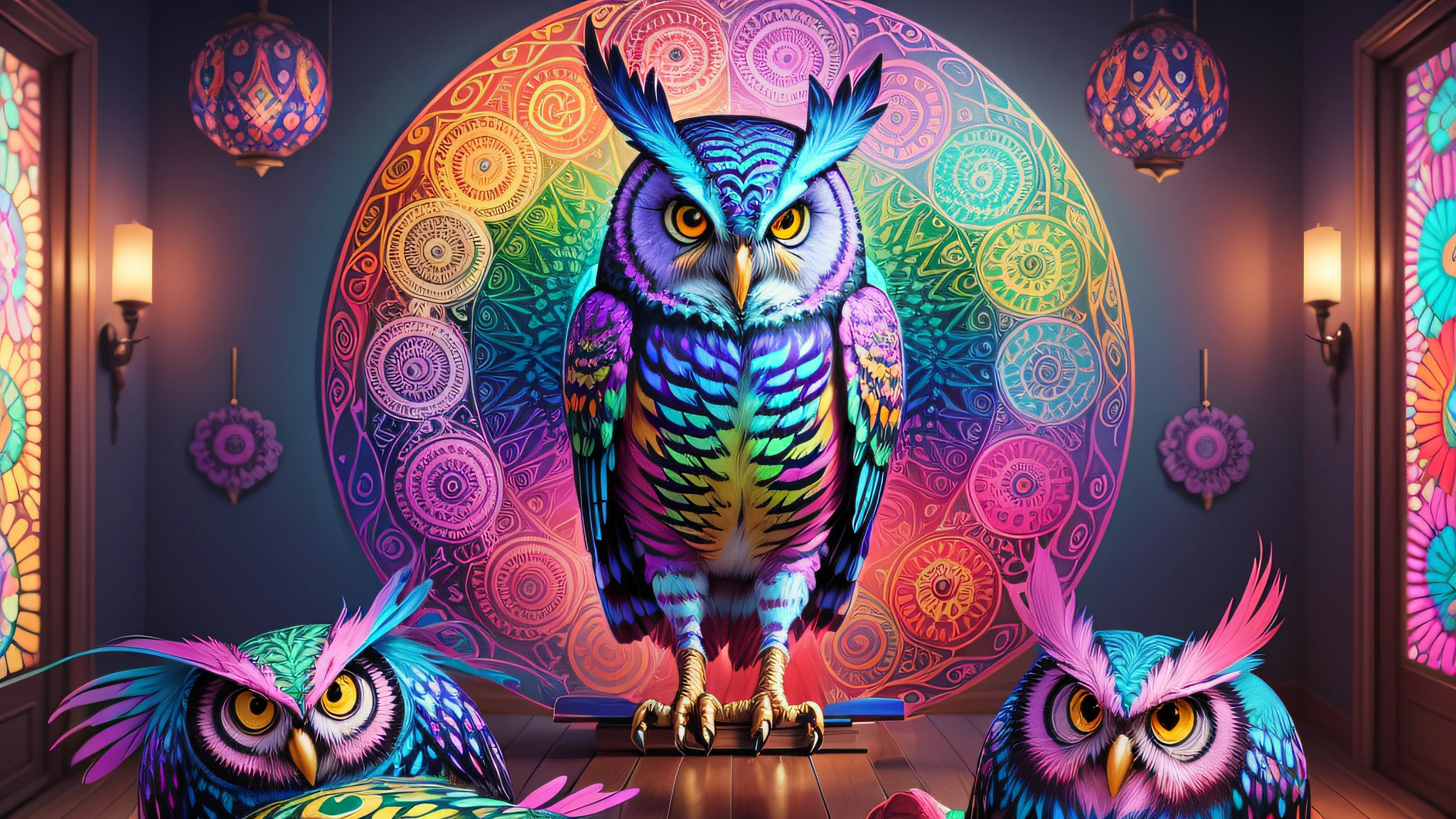 Featuring a captivating and vibrant psychedelic owl painting. The art of the owl is exquisitely designed with vivid colors, intricate patterns and mesmerizing details. The painting is leaning against the back of the room, creating a dynamic and casual display. The combination of the psychedelic art of the owl adds a touch of artistic fascination to any space. --auto --s2