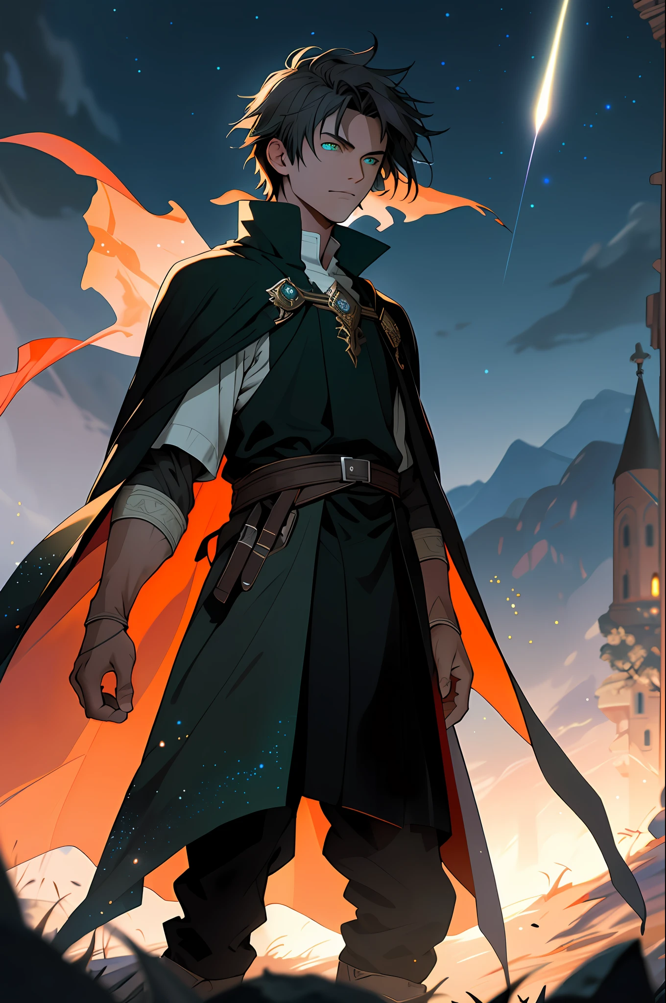 Best quality, masterpiece, ultra high resolution, night sky background, realistic, hadesstyle, retracted from a 16 year old fire mage on the battlefield, short dark hair, green eyes, gray mage tunic, cape, depth of field