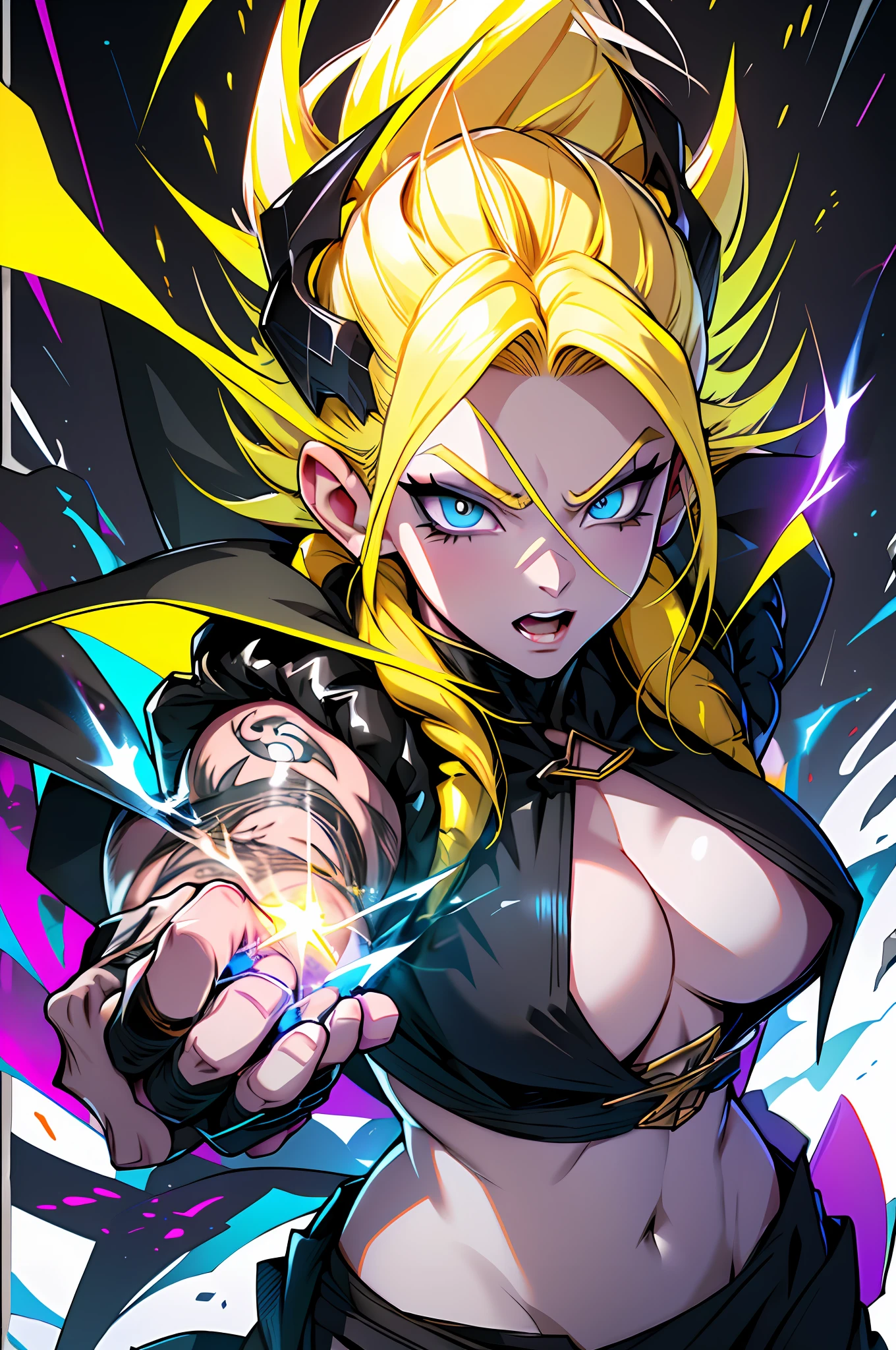 Supersayajin woman Ultra, yellow hair color diamond gradient, blue eyes with black outlines and painted around the eyes, large eyelashes, white gradient clothing with black dragon tatoon print, mouth half open, fighting with the supersayajin with yellow hair, much fury against enemy, scenery in heaven and earth destroying everything
