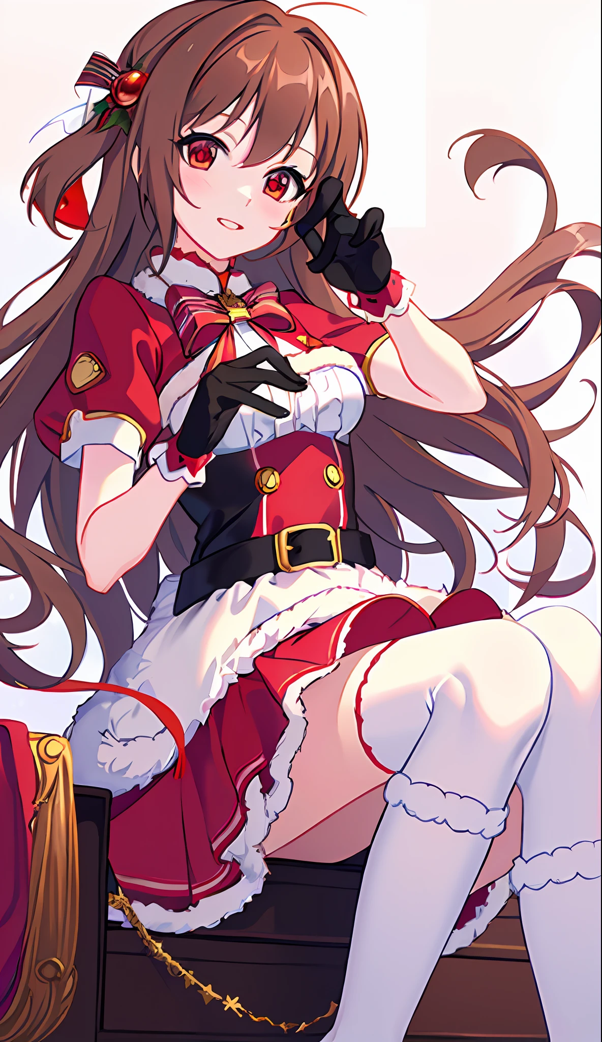masterpiece, top quality, 8K animation, detailed fingers, precise fingers, not unnatural hands, illustrations, 1 girl, solo, brown long hair, red Santa costume, miniskirt with white ruffles, black gloves, red eyes, white knee socks, nozomi,