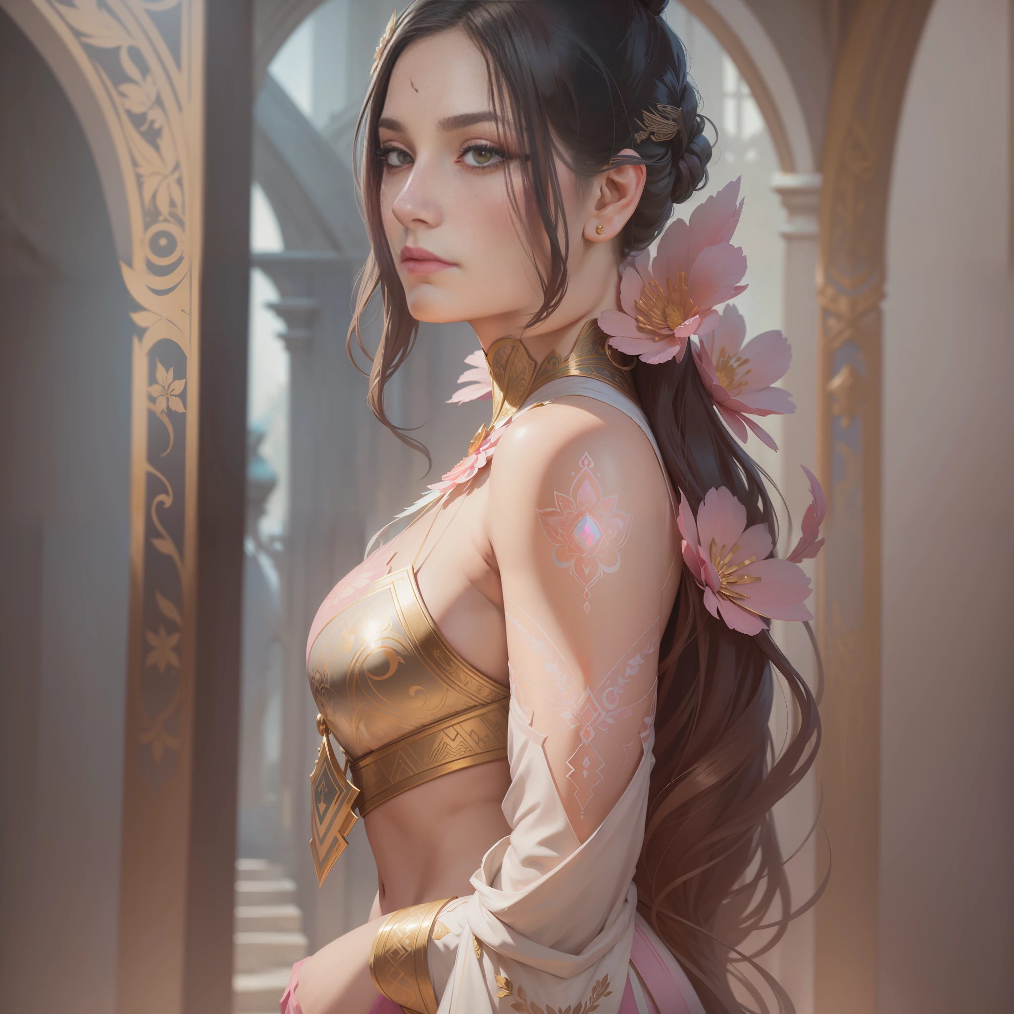 (symmetry:1.1) (portrait of floral:1.05) a woman as a beautiful goddess, (assassins creed style:0.8), pink and gold and opal color scheme, beautiful intricate filegrid facepaint, intricate, elegant, highly detailed, digital painting, artstation, concept art, smooth, sharp focus, illustration, art by greg rutkowski and alphonse mucha, 8k --auto --s2