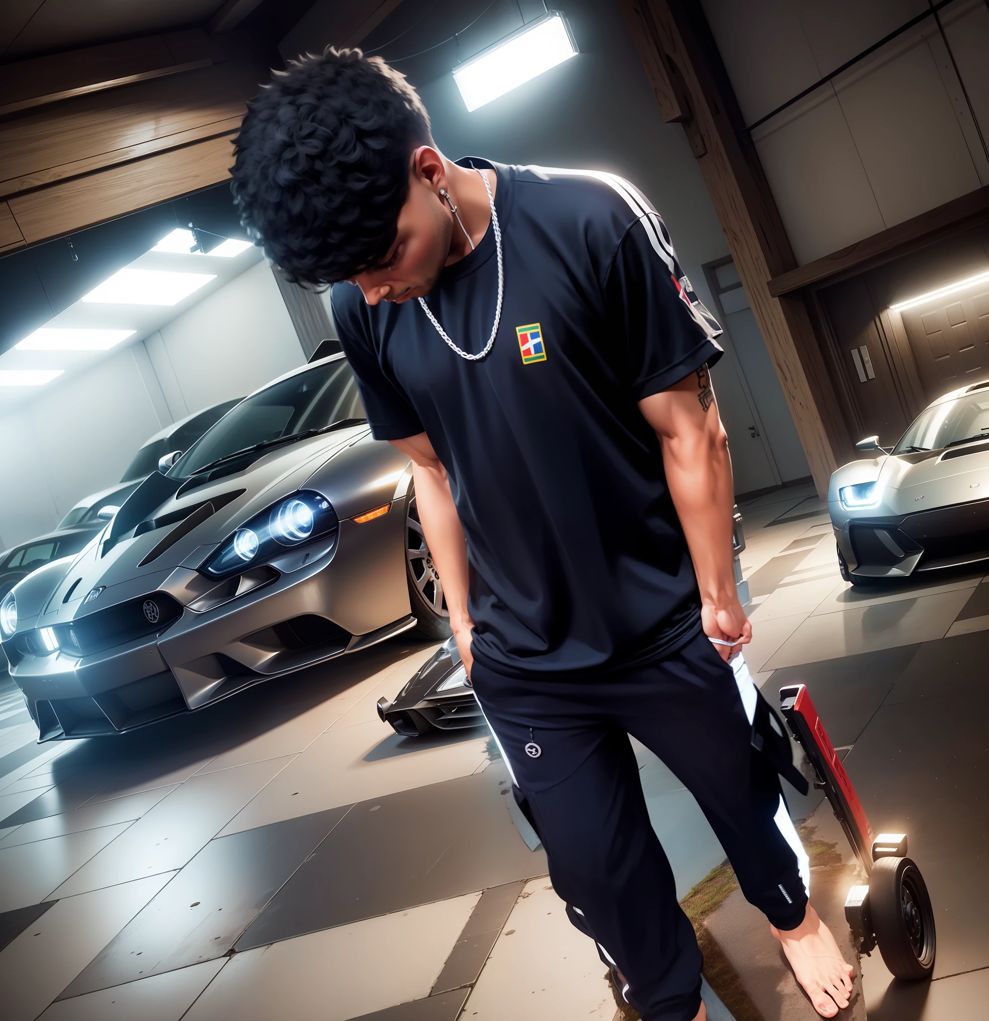 Remove this background and put in a mansion, with sports cars in the garage, ultra detailed, ultra detailed, cinematic lighting --auto --s2