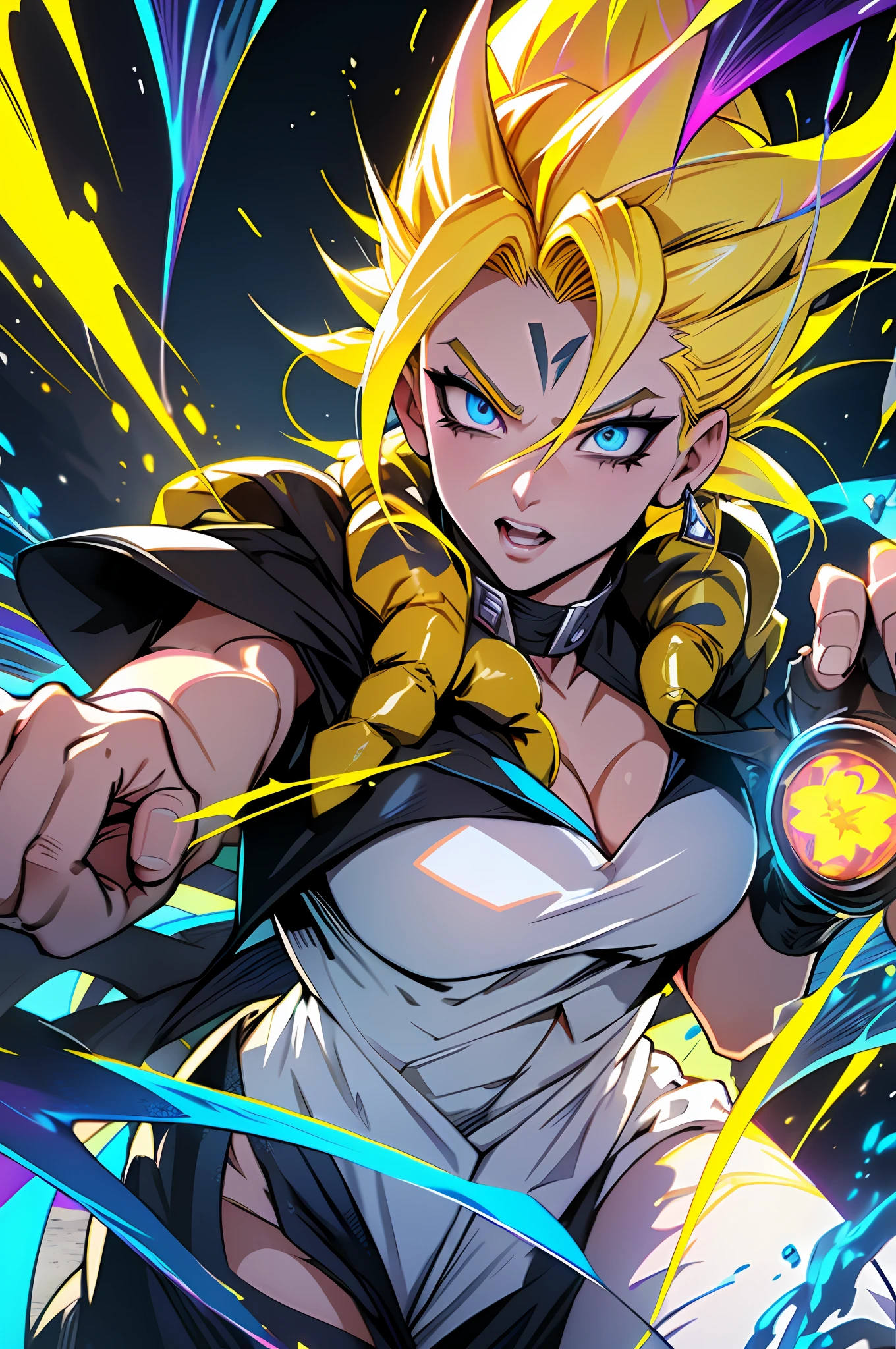Supersayajin woman Ultra, yellow hair color diamond gradient, blue eyes with black outlines and painted around the eyes, large eyelashes, white gradient clothing with black dragon tatoon print, mouth half open, fighting with the supersayajin with yellow hair, much fury against enemy, scenery in heaven and earth destroying everything