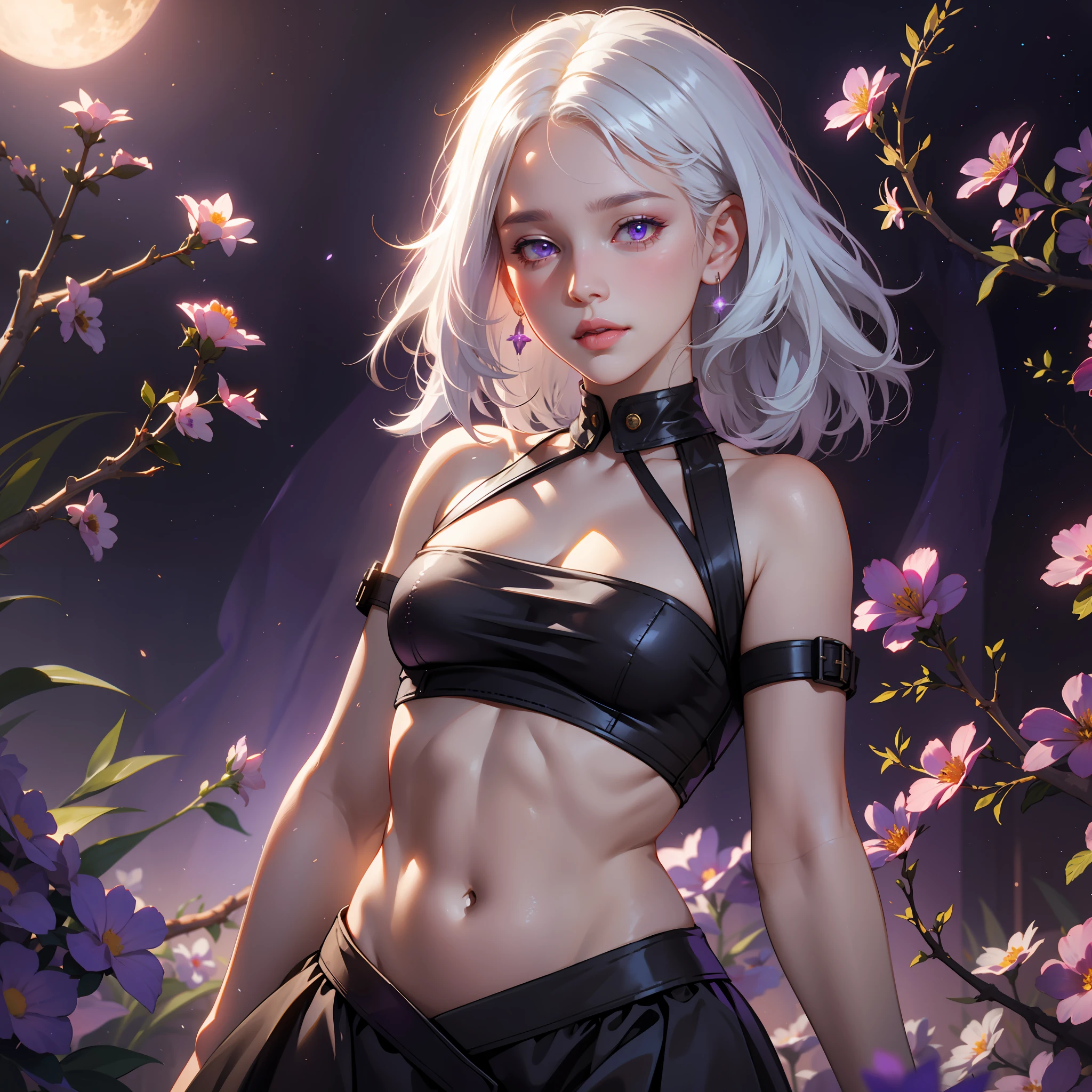 realistic, 1girl, white hair, purple eyes, glowing eyes, crop top, skirt, parted lips, blush, night, flowers, sun, sunlight,