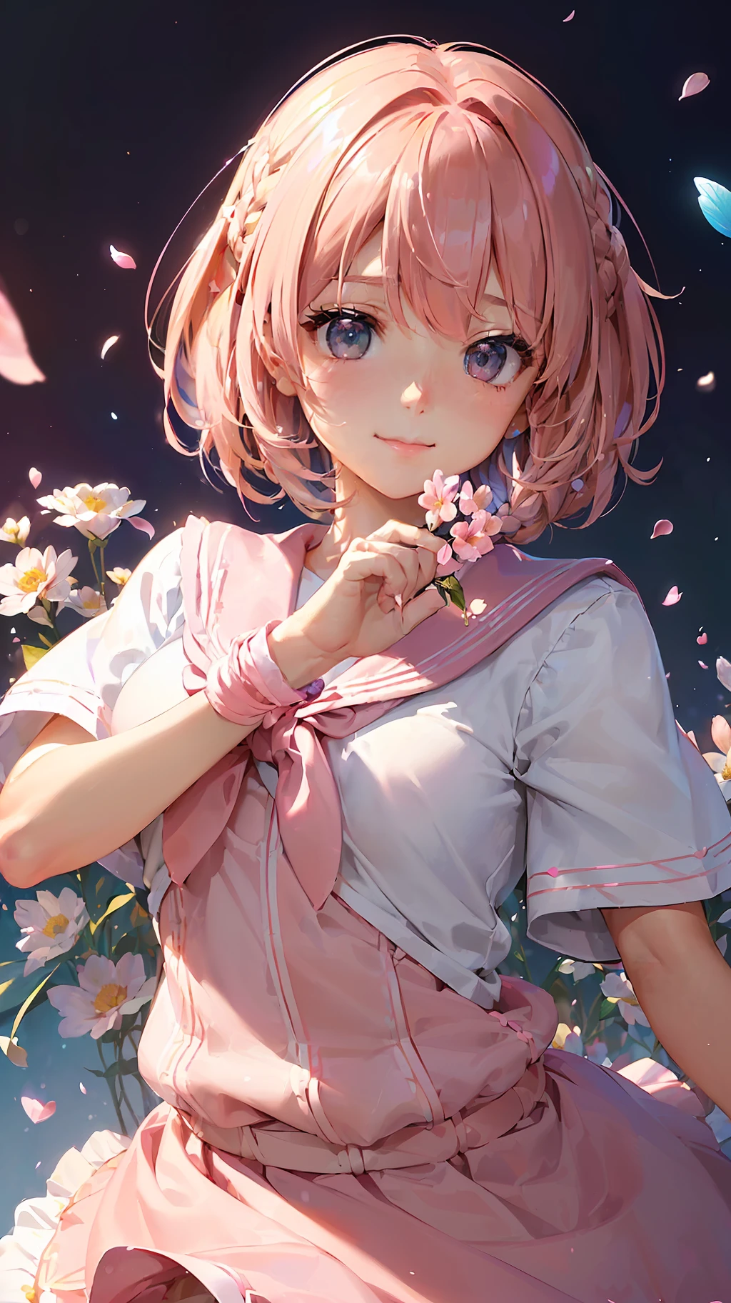 High resolution, ultra-detailed, (((((2D))), Japan people, 1 girl, -yeld hischool girl, (((pink hair)), intricate and beautiful braided hairstyle, pink school uniform, pink skirt, designer uniform, short sleeves, sailor suit, (bob hair), dull bangs, finely detailed eyes, golden ratio face, 8 life-bodies, sunlight, complex iridescent light grains, complex light reflection, beautiful petal shower, Background blue sky, transparency, hidden beauty, smile, depiction with depth, upper body, full of energy, looking at the viewer, fantastic depiction, complex attraction, tenderness overflowing from within, neon, (beautiful fine petals or dancing: 1.5), little skin exposure, dynamism, carefully drawn fingers, many flowers drawn, soft skin, heart ribbon, beautiful hands, Flowers with color