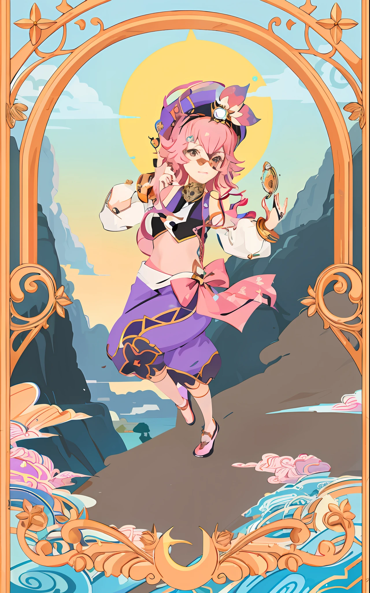 Sailor girl in purple outfit and pink hat holding a flower, [tarot card] !!!!!, portrait of a short short!, portrait of a magical girl carrying a magic staff, non-binary deity of spring, anime in the style of modern, anime in the style of fantasy, official art, style of a magical girl, gentle androgynous prince, official fan art, detailed fan art, Anime character in a frame with a background of a starry sky, anime in the style of modern space display,  official fan art like tarot card, [tarot card]!!!!!, Jen Barthel, Celestial Witch, Secret Art Style, Beautiful Celestial Mage, Goddess of Space and Time, Official Art, Star Tarot Card, Art Nouveau Anime, Card Design, Dory (genshin impact), Fool, Fool Card, Slime, Clouds Curls, Flat, Mountains, Palace, Cliff, Flat, Sun, Girl Runs, Rough Shadows