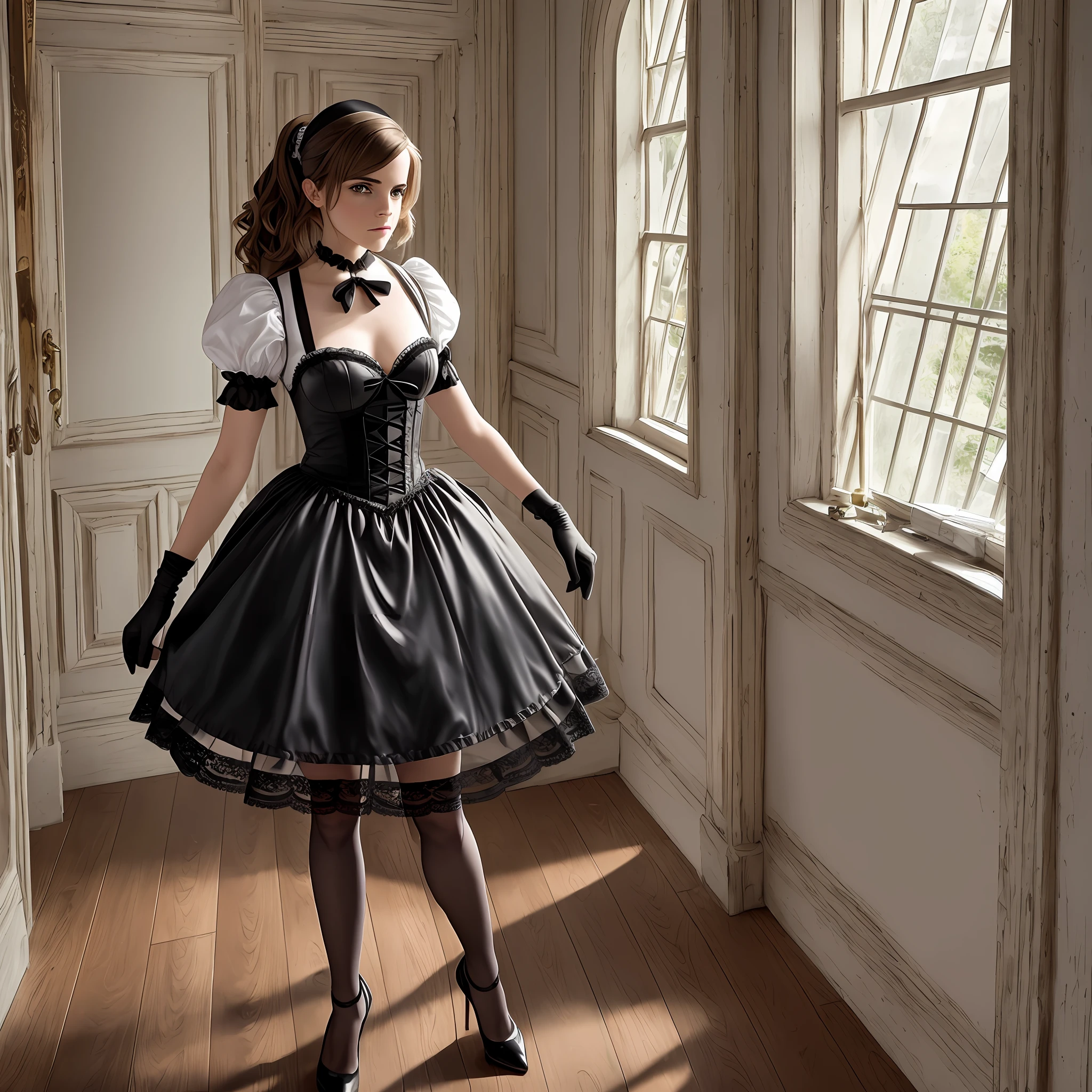 emma watson, sexy, full body shot, shot from behind, bedroom background, standing pose, sexy pose, gothic style, french maid, maid long dress, bride, stockings, pantyhose, heels, corsait, sexy lace clothing, long gloves, lipstick, hot attractive female, detailed face, perfect body, late hours, high resolution, best quality, 4k, looking at viewer --auto --s2