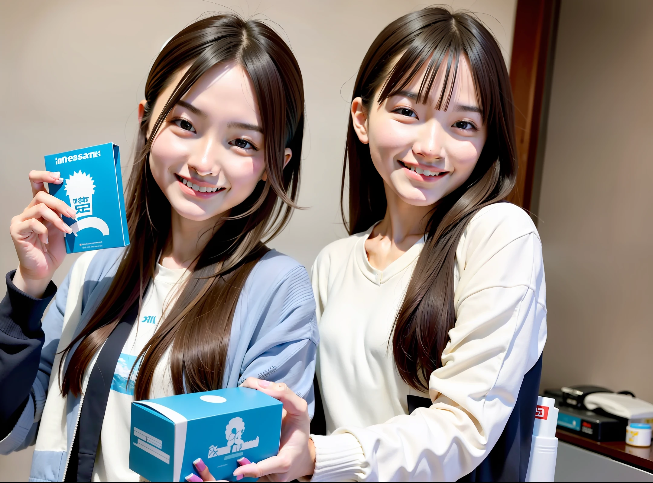 A young and beautiful Chinese girl, holding a box of toothpaste in her hand, smiling and leaking white teeth, with the theme of promoting toothpaste activities,