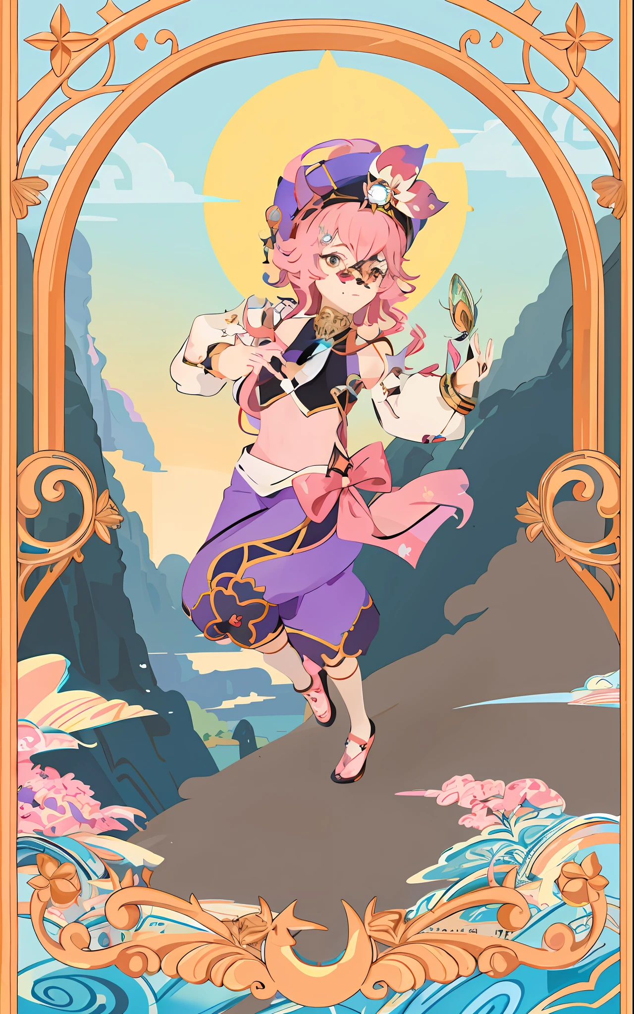 Sailor girl in purple outfit and pink hat holding a flower, [tarot card] !!!!!, portrait of a short short!, portrait of a magical girl carrying a magic staff, non-binary deity of spring, anime in the style of modern, anime in the style of fantasy, official art, style of a magical girl, gentle androgynous prince, official fan art, detailed fan art, Anime character in a frame with a background of a starry sky, anime in the style of modern space display,  official fan art like tarot card, [tarot card]!!!!!, Jen Barthel, Celestial Witch, Secret Art Style, Beautiful Celestial Mage, Goddess of Space and Time, Official Art, Star Tarot Card, Art Nouveau Anime, Card Design, Dory (genshin impact), Fool, Fool Card, Slime, Clouds Curls, Flat, Mountains, Palace, Cliff, Flat, Sun, Girl Runs, Rough Shadows