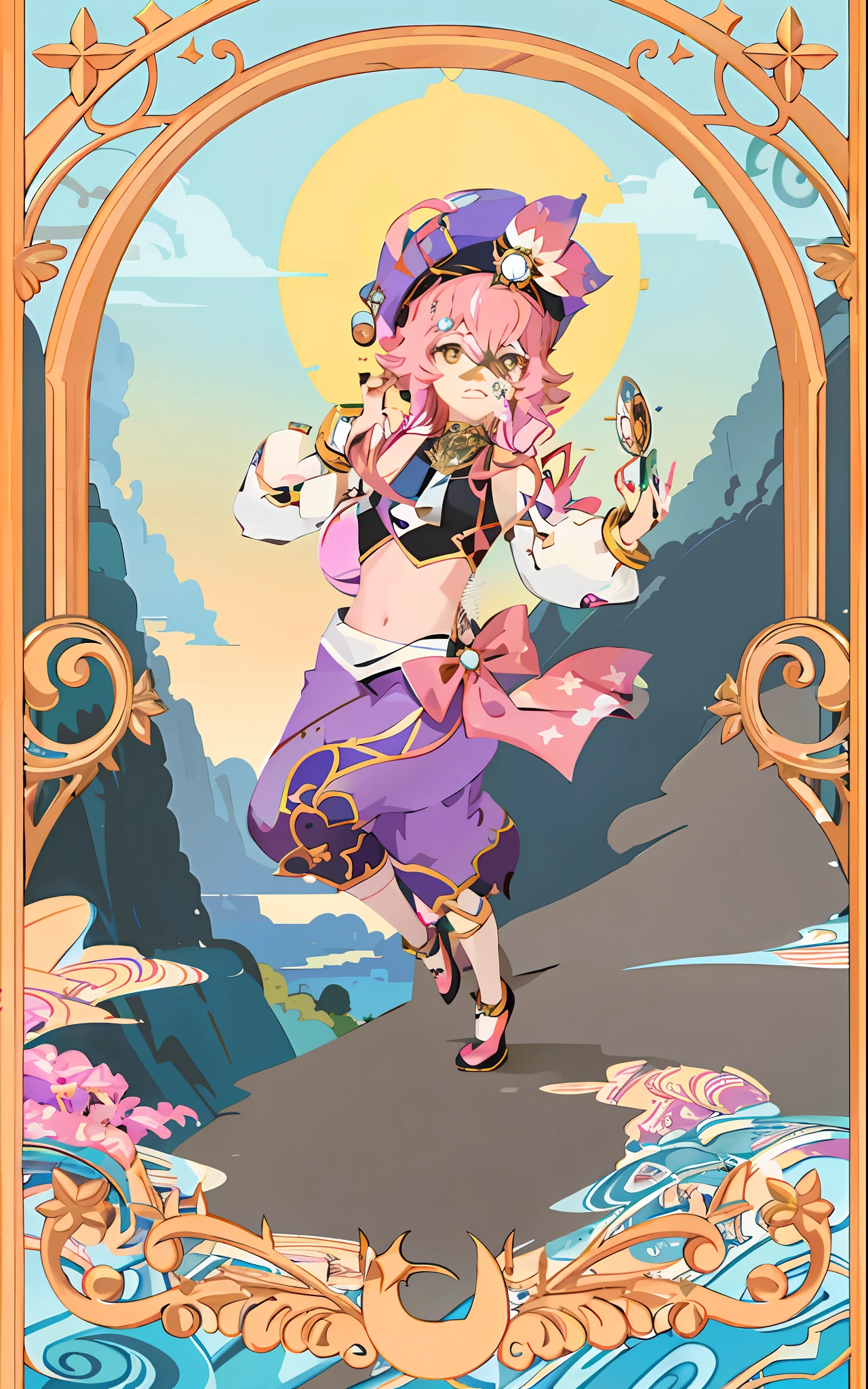 Sailor girl in purple outfit and pink hat holding a flower, [tarot card] !!!!!, portrait of a short short!, portrait of a magical girl carrying a magic staff, non-binary deity of spring, anime in the style of modern, anime in the style of fantasy, official art, style of a magical girl, gentle androgynous prince, official fan art, detailed fan art, Anime character in a frame with a background of a starry sky, anime in the style of modern space display,  official fan art like tarot card, [tarot card]!!!!!, Jen Barthel, Celestial Witch, Secret Art Style, Beautiful Celestial Mage, Goddess of Space and Time, Official Art, Star Tarot Card, Art Nouveau Anime, Card Design, Dory (genshin impact), Fool, Fool Card, Slime, Clouds Curls, Flat, Mountains, Palace, Cliff, Flat, Sun, Girl Runs, Rough Shadows