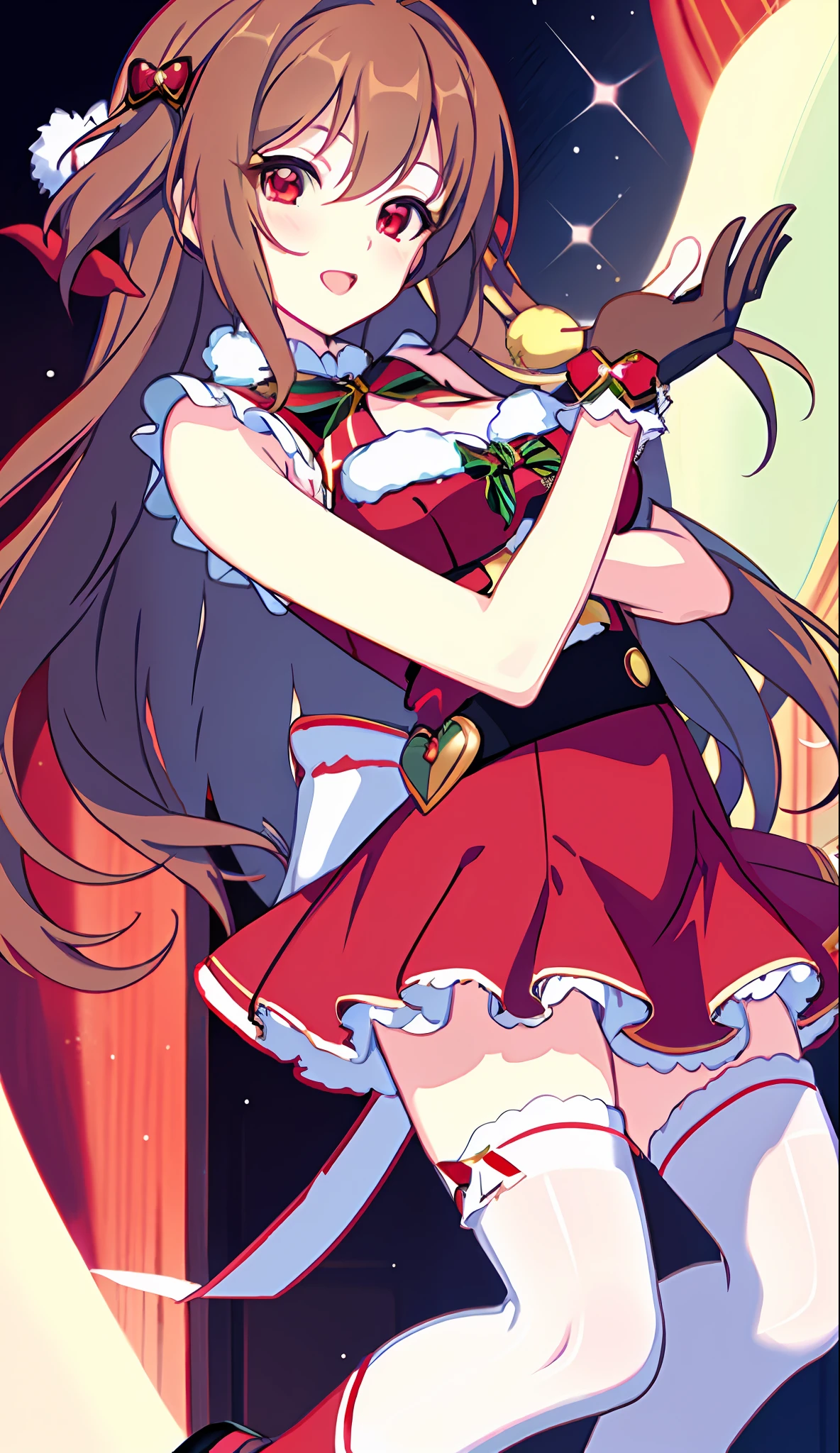 masterpiece, top quality, 8K animation, detailed fingers, precise fingers, not unnatural hands, illustrations, 1 girl, solo, brown long hair, red Santa costume, miniskirt with white ruffles, black gloves, red eyes, white knee socks, nozomi,