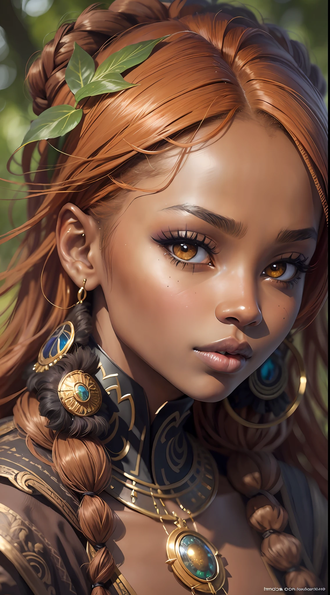 Closeup photo portrait of beautiful ebony teenager_woman as druid, dark makeup, short ginger hair, big perfect eyes, big perfect lips,, epic character composition, frontal view, atmospheric scene, masterpiece, best quality, (detailed beautiful face, detail skin texture, ultra-detailed body:1.1), diffused lighting