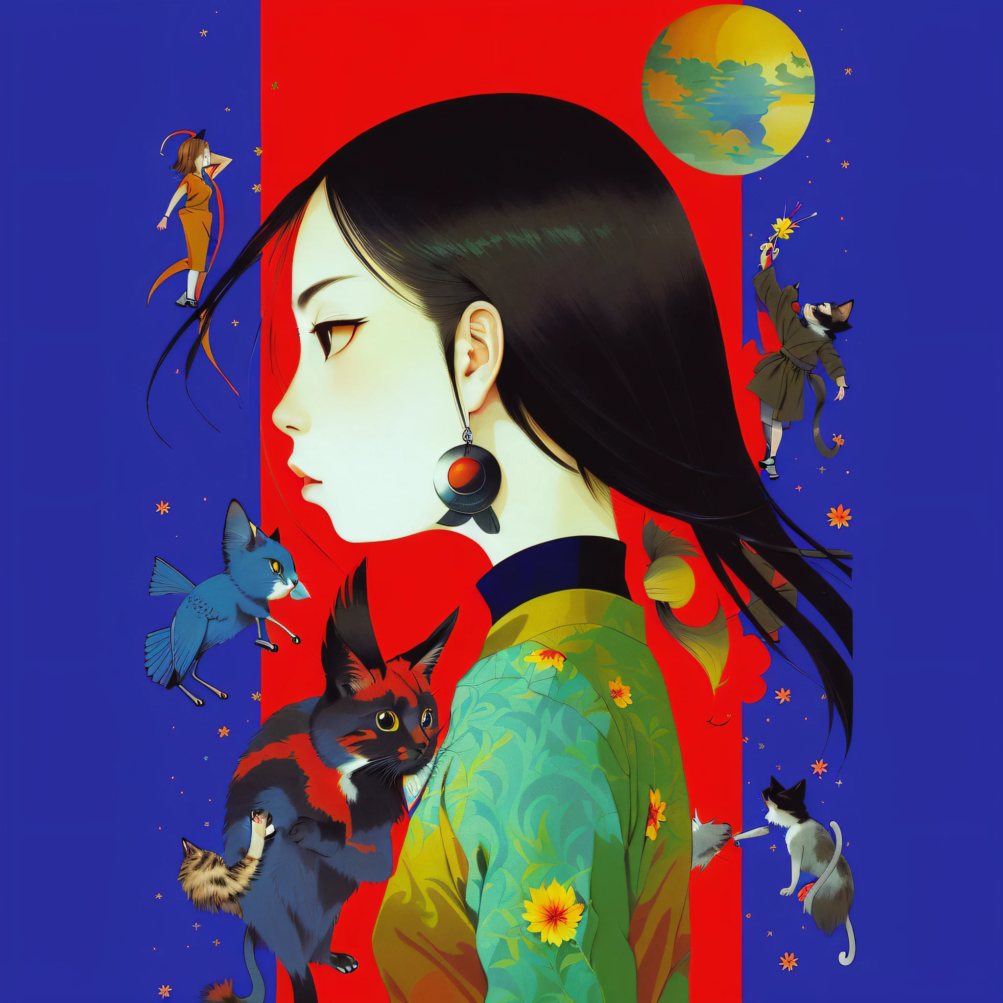 ((Hiroshi Yamagata)): 1.2, ((Satoshi Art Style)): 1.2, ((Full Color Illustration)): 1.1, ((Japanese Pop Surrealism)): 1.1, ((A Beautiful Artwork Illustration)): 1.1, ((Cover Illustration)): 1.1, ((Beautiful Girl: 1.2), (Prairie Background: 1.2), (Water Ripple: 1.3), (Reach Out and Touch the Bird's Head: 1.3), (Cat Around: 1.2)): 1.4