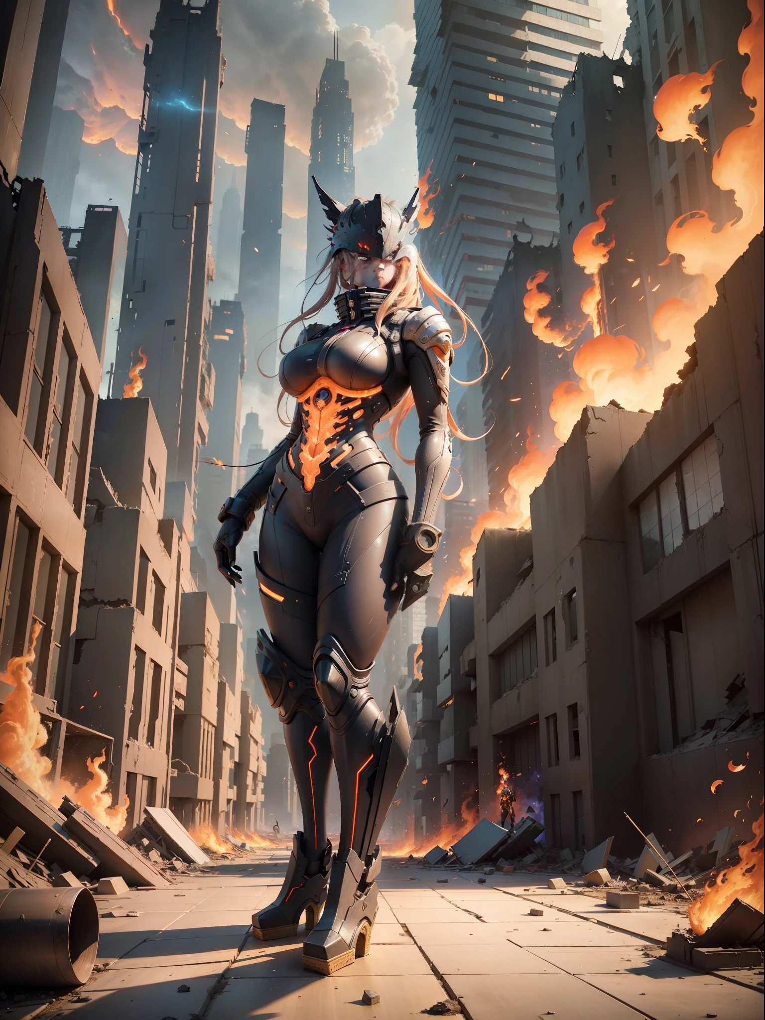 (full body/upright/standing view:1.5). (({She})), ((in a futuristic city completely destroyed with flames coming out of the destroyed buildings)). {She}: is looking at the viewer, doing exhibitionist/no tilt/no sitting poses, holding a long black rifle., Hyperrealism, anime, 16k, UHD, masterpiece, best quality, high details