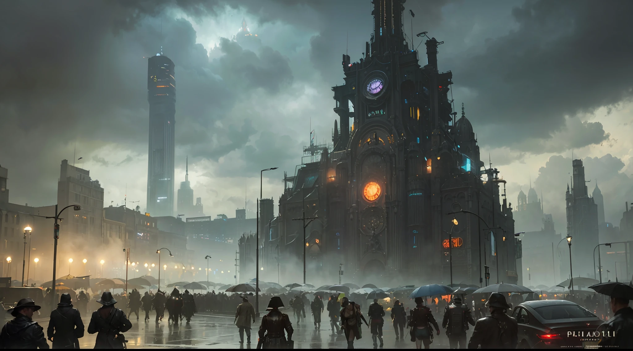 Futuristic Dieselpunk Rainy Weather Scenery with Crowd of People, Painting by Greg Rutkowski and Gaston Bussiere, Frank Frazetta, Richard Corben, Vibrant, Photorealistic, Realistic, Dramatic, Dark, Sharp Focus, 8k