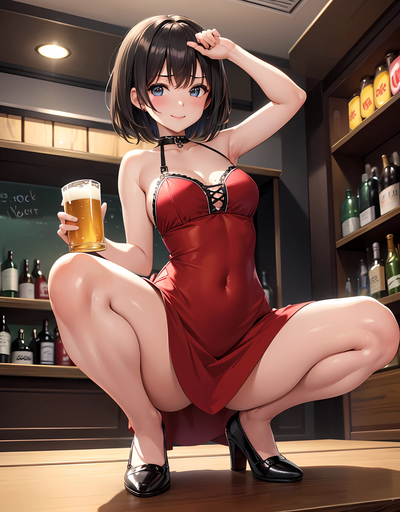(Extremely detailed CG 8k unit wallpaper), (masterpiece), (best quality), (ultra detailed), (best illustration), (high resolution), (best shadow), (sharp eyeliner), eye shadow, (detailed eyes: 1.2), (mini dress: 1), 1girl, mature body, short hair, (crowded bar background), sexy body, view from behind, drunk, blush, totally wasted, happy smile, mind break, on a table, squatting on a beer bottle, spread legs, squatting, bottle, dancing, crowd clapping