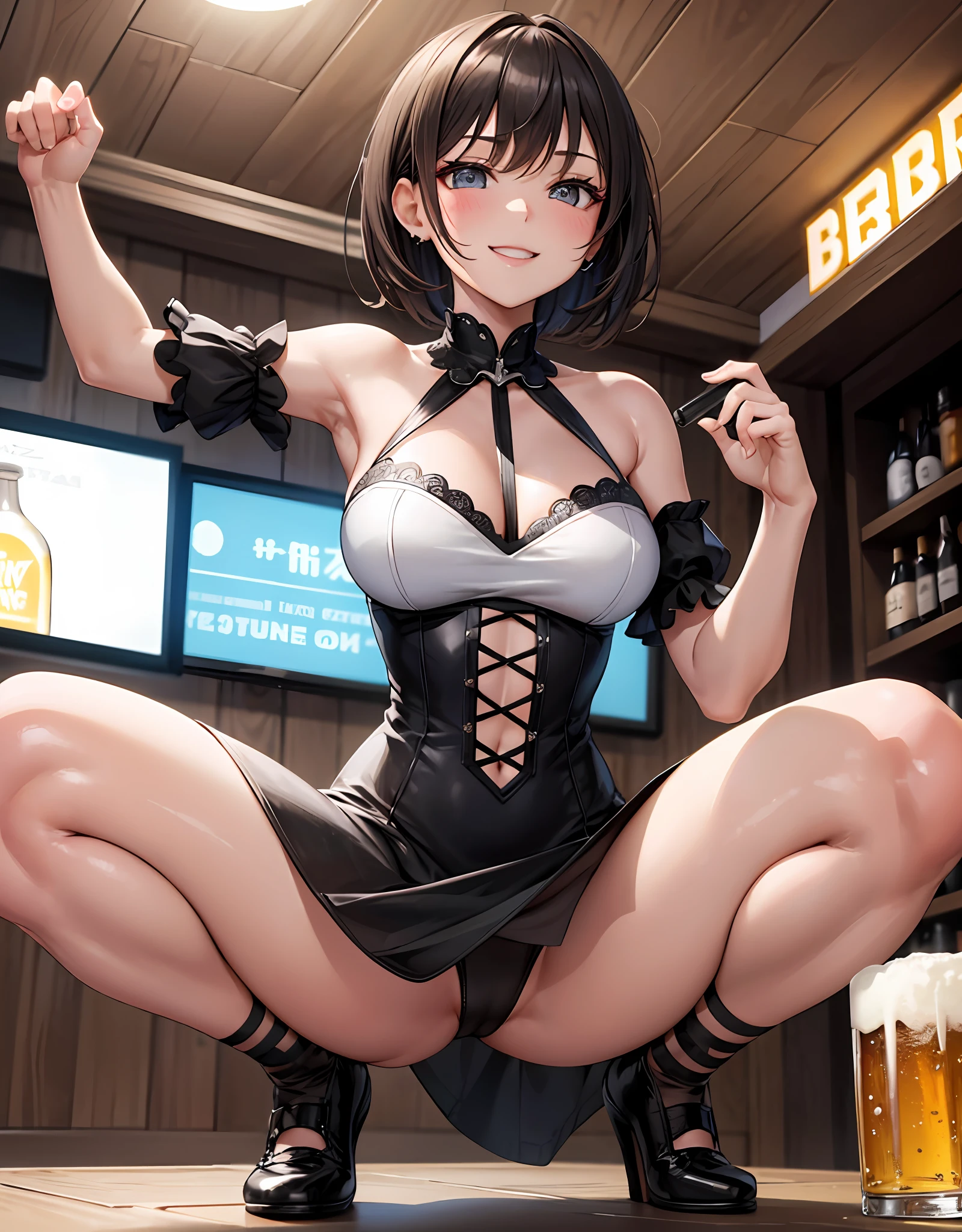 (Extremely detailed CG 8k unit wallpaper), (masterpiece), (best quality), (ultra detailed), (best illustration), (high resolution), (best shadow), (sharp eyeliner), eye shadow, (detailed eyes: 1.2), (mini dress: 1), 1girl, mature body, short hair, (crowded bar background), sexy body, view from behind, drunk, blush, totally wasted, happy smile, mind break, on a table, squatting on a beer bottle, spread legs, squatting, bottle, dancing, crowd clapping