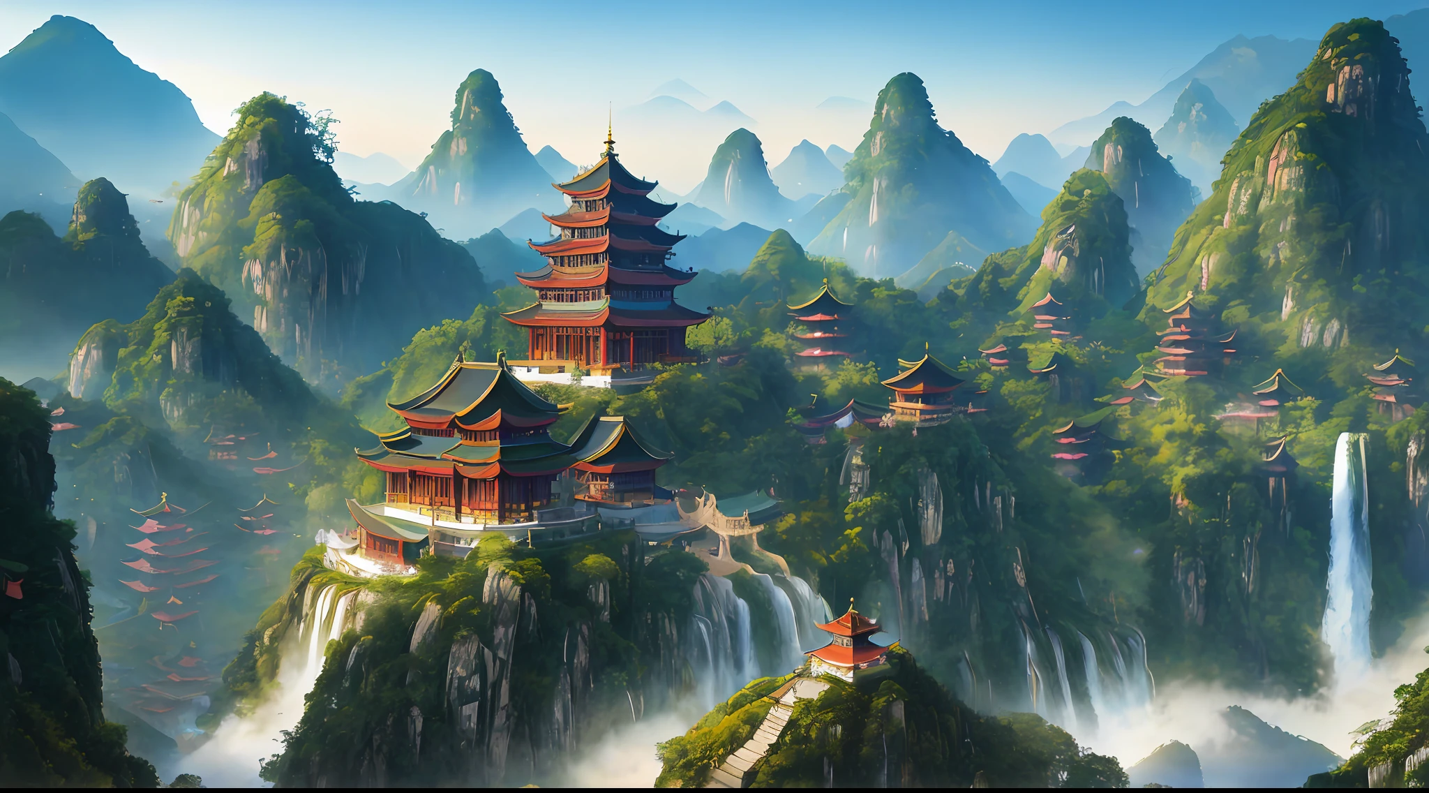 2. Mountain view with waterfall and pagoda in the middle, painted scene by Han Gan, winner of cg society competition, fantasy art, dreamy Chinese town, Chinese landscape, Chinese fantasy, made of trees and fantasy valley, ancient city view, order Impressive fantasy landscape, most epic landscape, pagoda on hill, mountainous jungle environment, avatar landscape, chinese village.