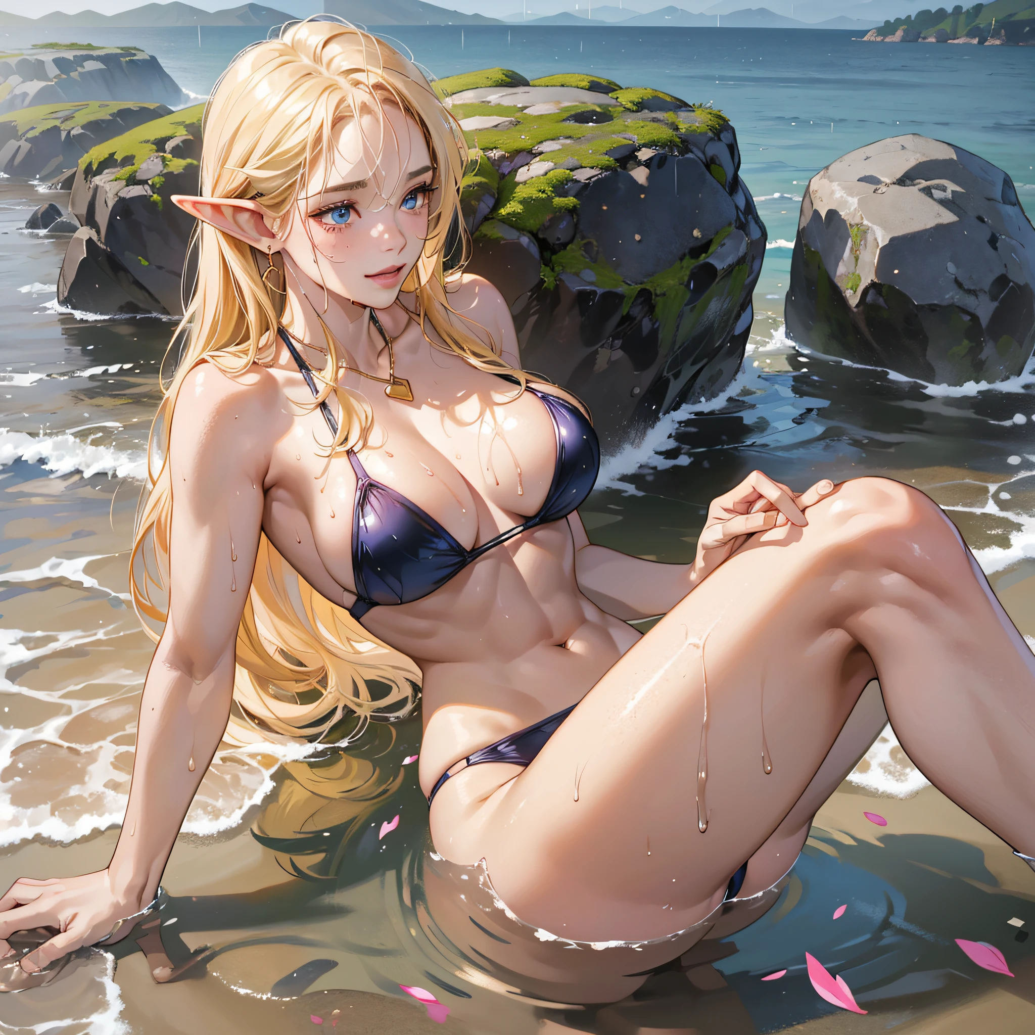 (Best quality, 4k, Masterpiece :1.3), beautiful woman, hyper realistic, 1girl, (droopy breasts, attractive body :1.2), sit-ups :1.1, long straight light yellow hair with bangs :1.1, ultra-detailed face, detailed lips, detailed eyes, double eyelid, open neckline, hanging breasts, side pose, visible curves, on the beach, muscular turned leg, large breasts, blue eyes, open sky with sun, smiling, Japanese, big ass, standing on his back looking back, show more ass, freckled on face, freckled on ass, beautiful elf, pink lips, pink heart earrings, golden necklace with pink heart, tight and short pink bikini, (wet rainy, wet by rain, wet body :1.2) --auto --s2