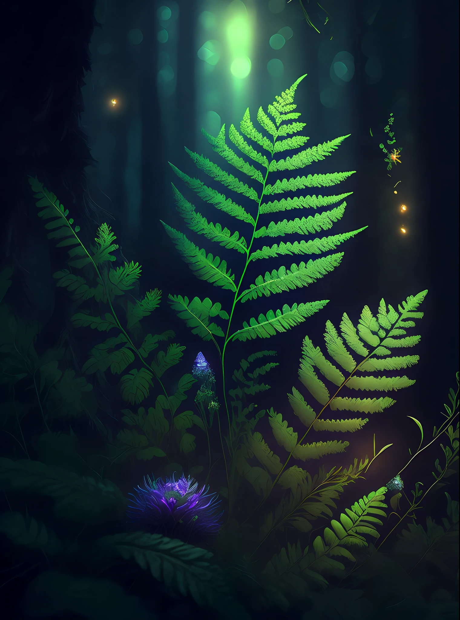 flower, fern, night in the forest, magic lights around the flower, mystical haze, realistic, magical atmosphere, high detail, Slavic fantasy