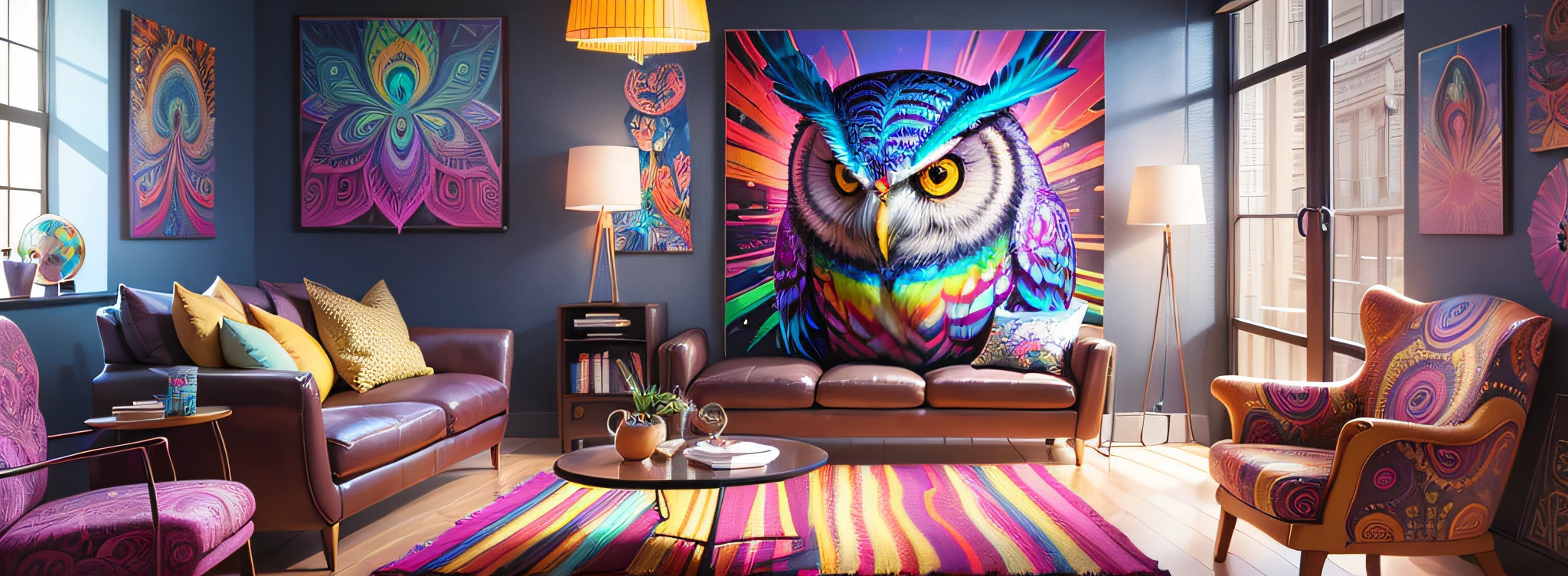 Featuring a captivating and vibrant psychedelic owl painting. The art of the owl is exquisitely designed with vivid colors, intricate patterns and mesmerizing details. The painting is leaning against the back of the room, creating a dynamic and casual display. The combination of the psychedelic art of the owl adds a touch of artistic fascination to any space. --auto --s2