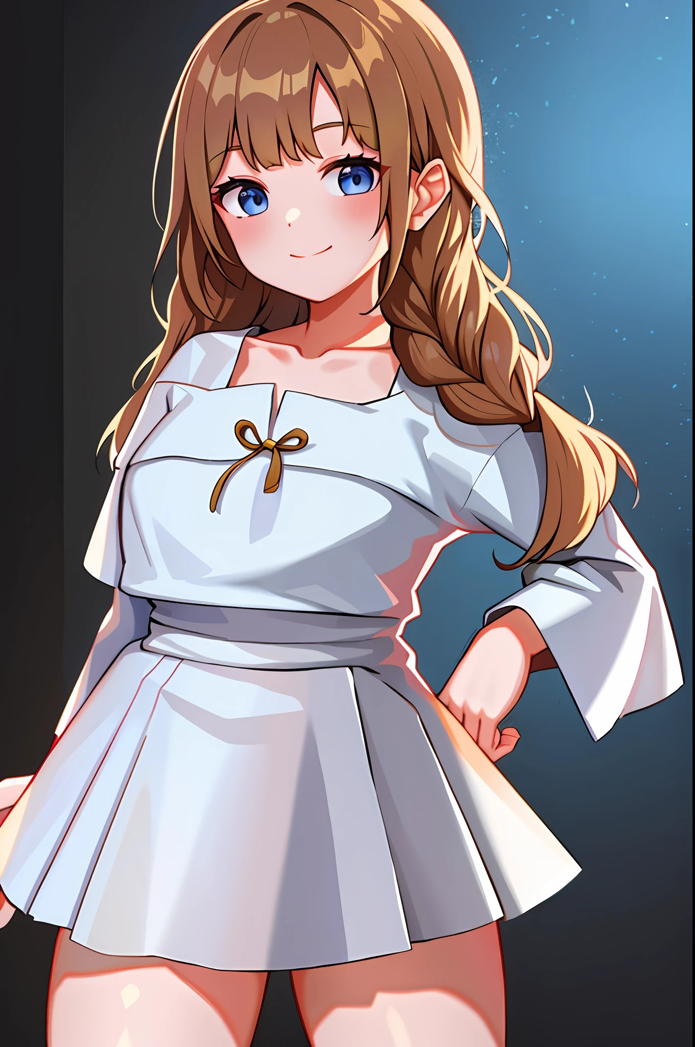 (white background, soil, upper body, bright: 1.3), smile, flat chest,
brown hair, blue eyes,
long hair, two braids,
mantle