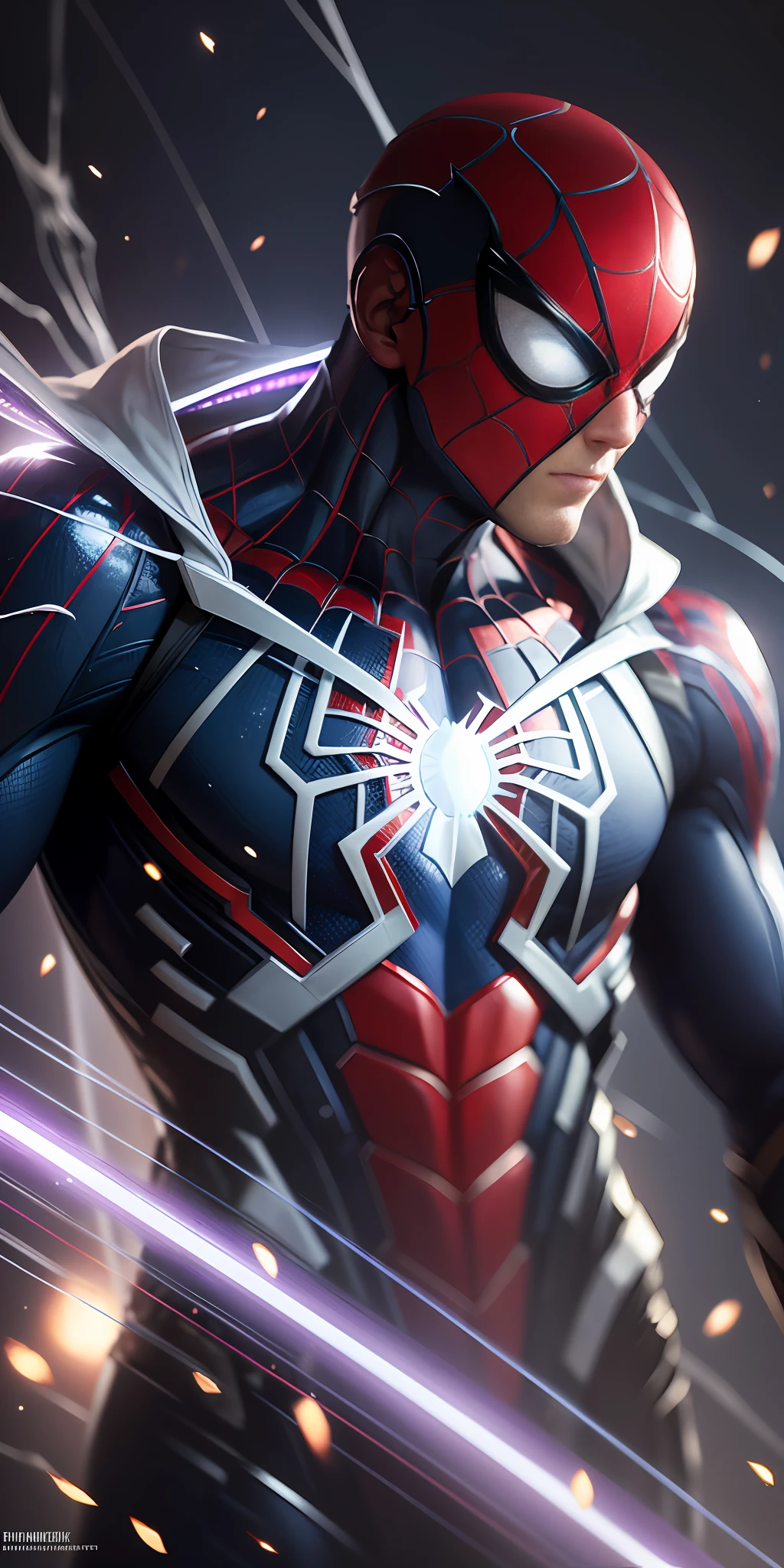 The best possible quality in 8k resolution with an ultra-detailed image of Spider-Man in a futuristic white and purple suit fused with the Captain America suit, with a metallic web background. The focus is on the detailed textures and light and shadow effects on the suit. Add a touch of Cyberpunk style to the composition. Metaphor with metallic cobweb in the background, will add a stunning effect to the final image. ." --auto --s2