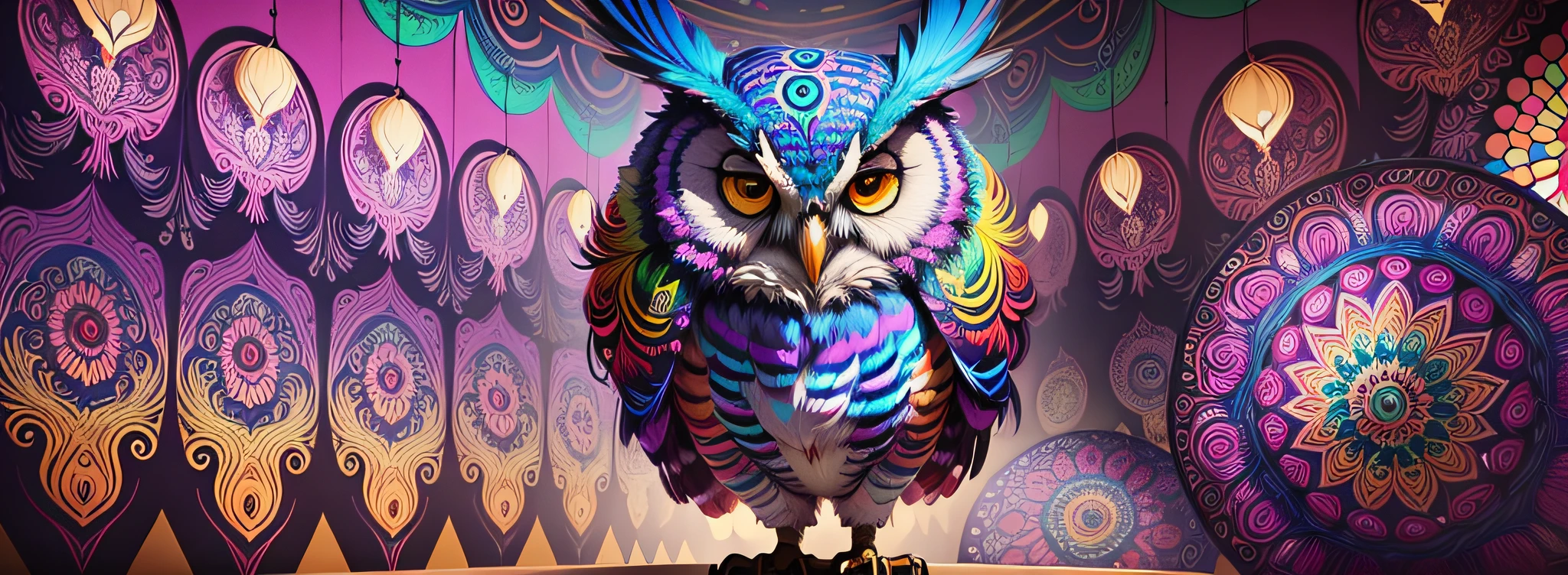 Featuring a captivating and vibrant psychedelic owl painting. The art of the owl is exquisitely designed with vivid colors, intricate patterns and mesmerizing details. The painting is leaning against the back of the room, creating a dynamic and casual display. The combination of the psychedelic art of the owl adds a touch of artistic fascination to any space. --auto --s2