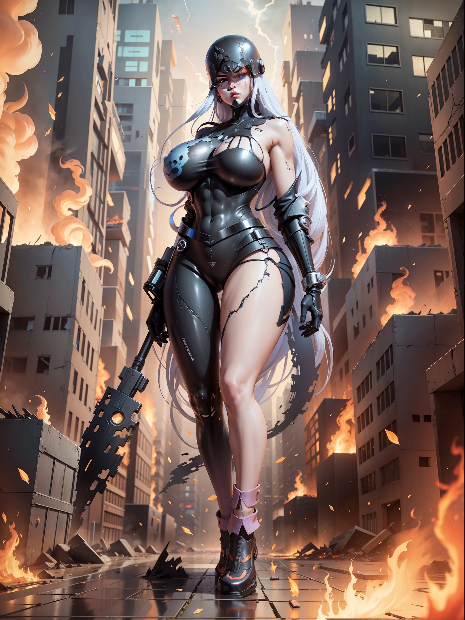(full body/upright/standing view:1.5). (({She})), ((in a futuristic city completely destroyed with flames coming out of the destroyed buildings)). {She}: is looking at the viewer, (extremely large breasts:1.5), doing exhibitionist/non-tilting/unseated poses, holding a long black rifle., Hyperrealism, anime, 16k, UHD, masterpiece, best quality, high details
