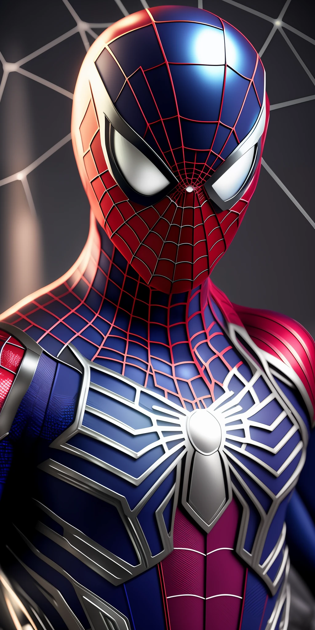 The best possible quality in 8k resolution with an ultra-detailed image of Spider-Man in a futuristic suit fused with Captain America's suit with a metallic web background. The focus is on the detailed textures and light and shadow effects on the suit. Add a touch of Cyberpunk style to the composition. Metaphor with metallic cobweb in the background, will add a stunning effect to the final image. ." --auto --s2