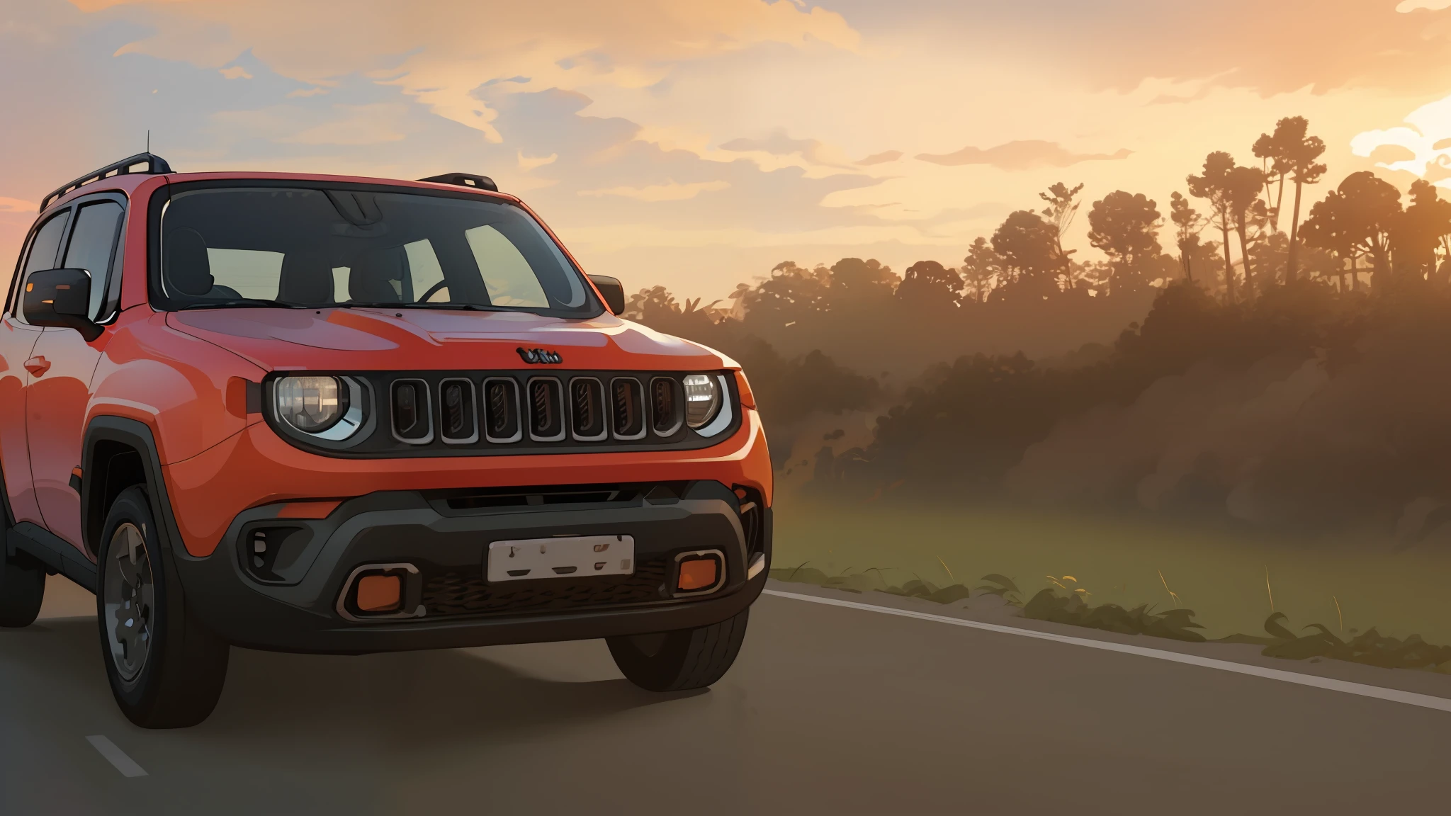 jeep renegade driving on a road at sunset with clouds in the background, jeep, shot at golden hour, cinematic front shot, 🤬 🤮 💕 🎀, a wide full shot, 🦩🪐🐞👩🏻🦳, ultra wide-shot, jeep in background, scenic full shot, cinematic full shot, taken at golden hour