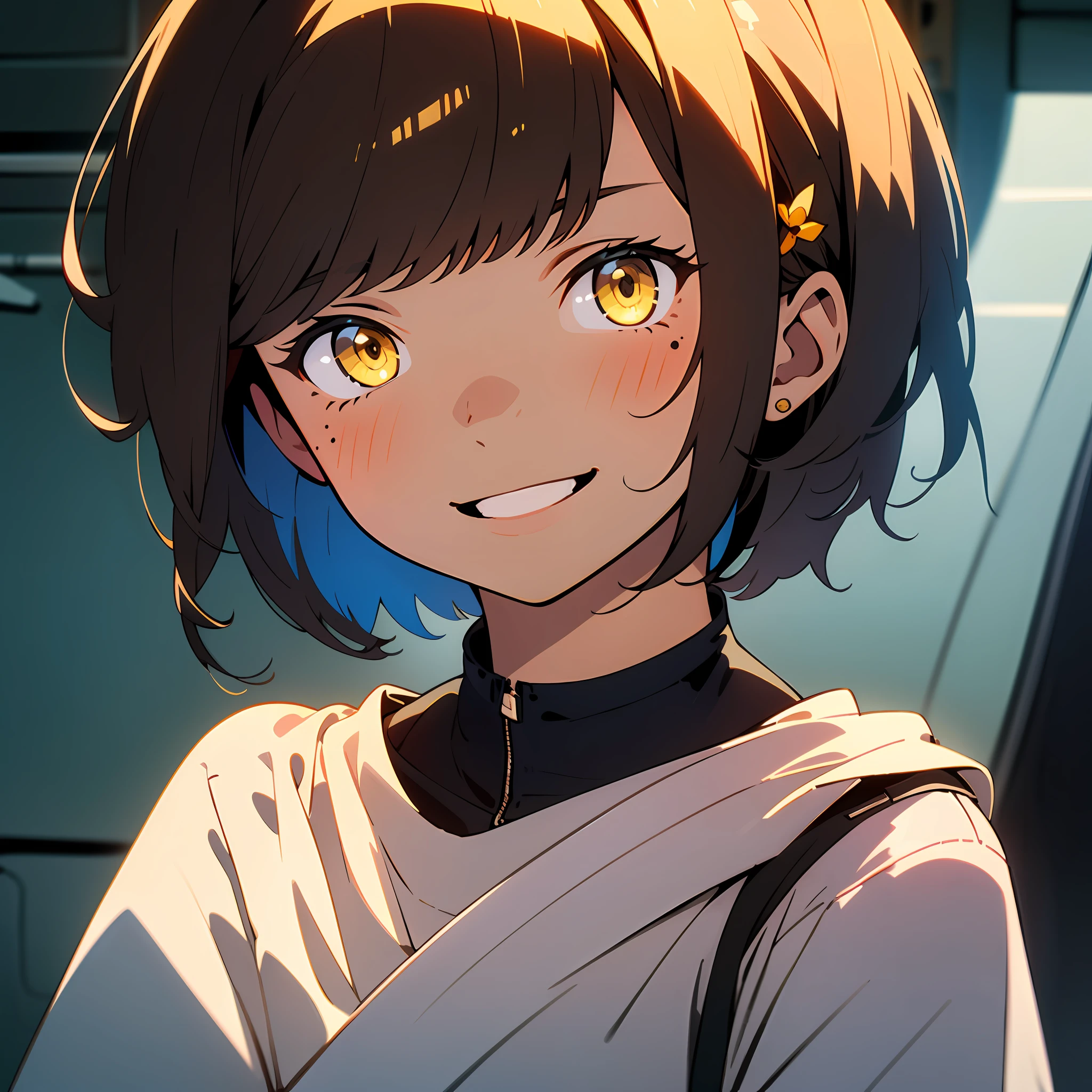 ((masterpiece, best quality)),(1girl:1.2), (solo:1.2), short hair, bob hairstyle, yellow eyes, vivid colors, brown hair, dynamic angle, , hairpin, white sweater, 1 mole, smiling expression, dark room,