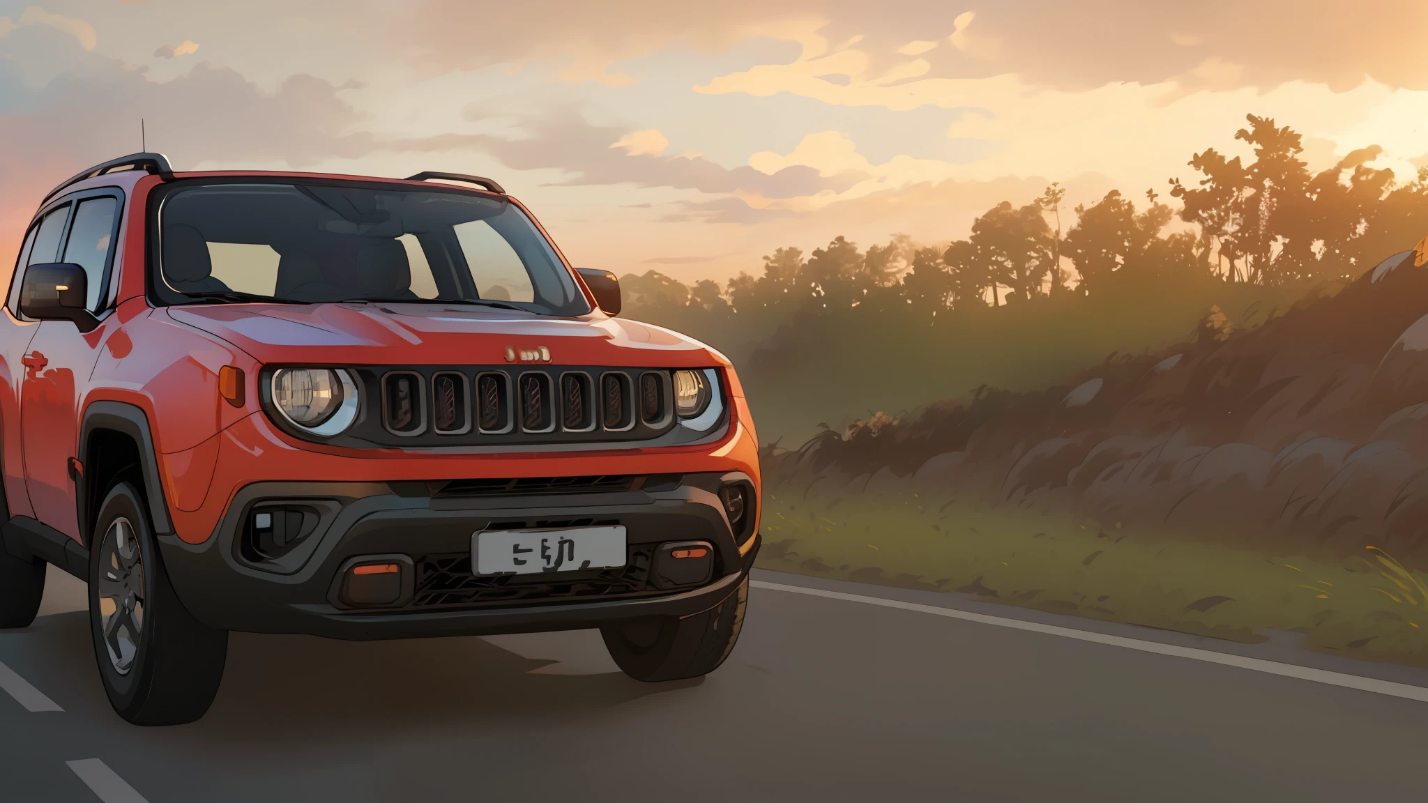jeep renegade driving on a road at sunset with clouds in the background, jeep, shot at golden hour, cinematic front shot, 🤬 🤮 💕 🎀, a wide full shot, 🦩🪐🐞👩🏻🦳, ultra wide-shot, jeep in background, scenic full shot, cinematic full shot, taken at golden hour