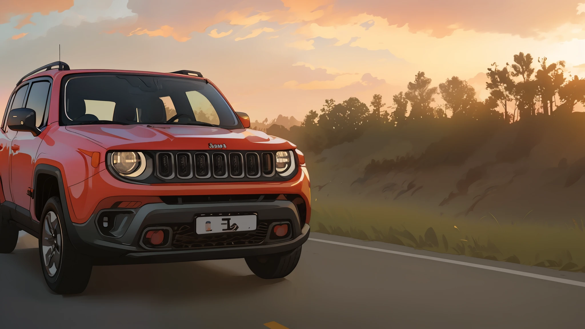 jeep renegade driving on a road at sunset with clouds in the background, jeep, shot at golden hour, cinematic front shot, 🤬 🤮 💕 🎀, a wide full shot, 🦩🪐🐞👩🏻🦳, ultra wide-shot, jeep in background, scenic full shot, cinematic full shot, taken at golden hour