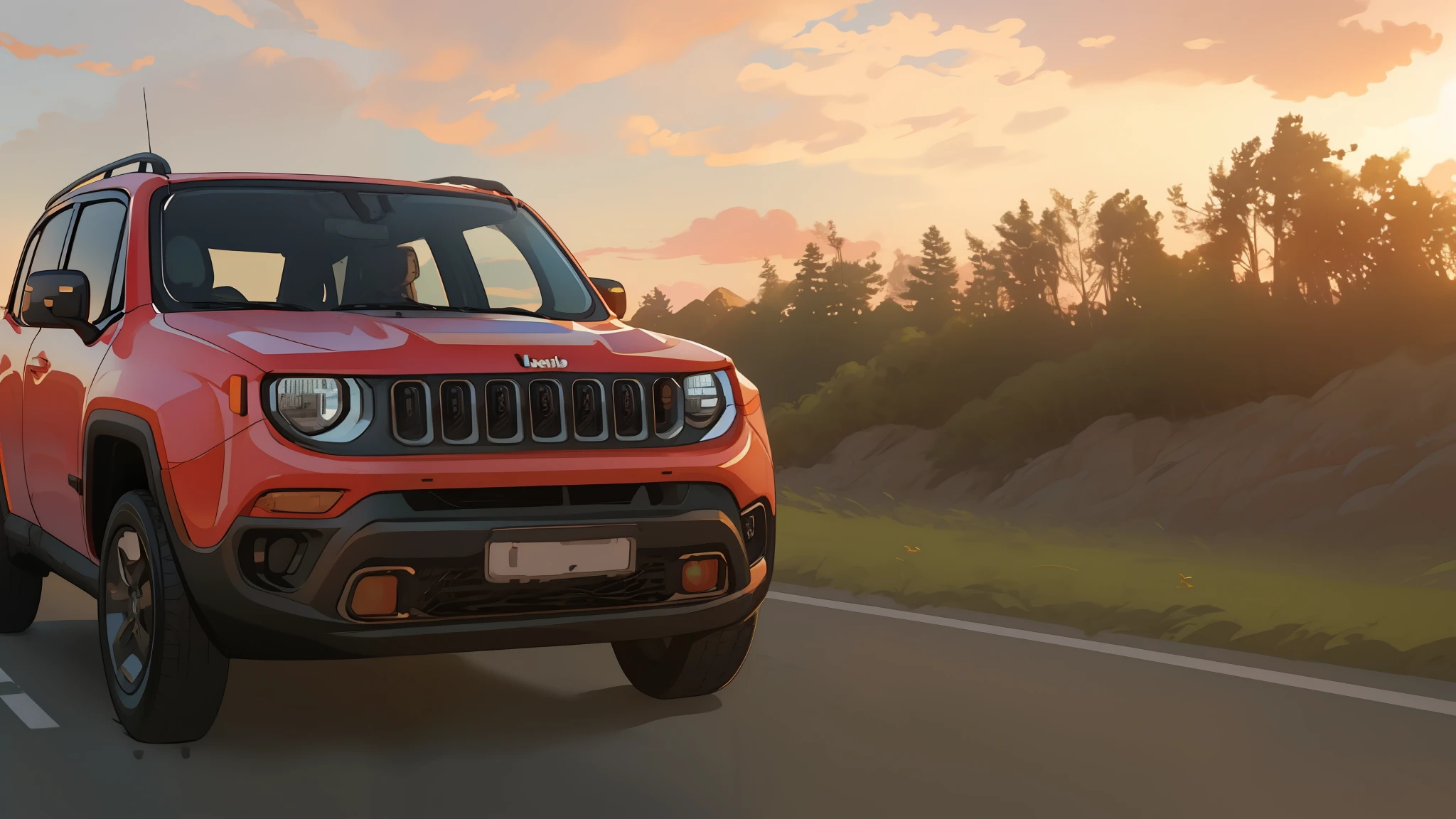 jeep renegade driving on a road at sunset with clouds in the background, jeep, shot at golden hour, cinematic front shot, 🤬 🤮 💕 🎀, a wide full shot, 🦩🪐🐞👩🏻🦳, ultra wide-shot, jeep in background, scenic full shot, cinematic full shot, taken at golden hour