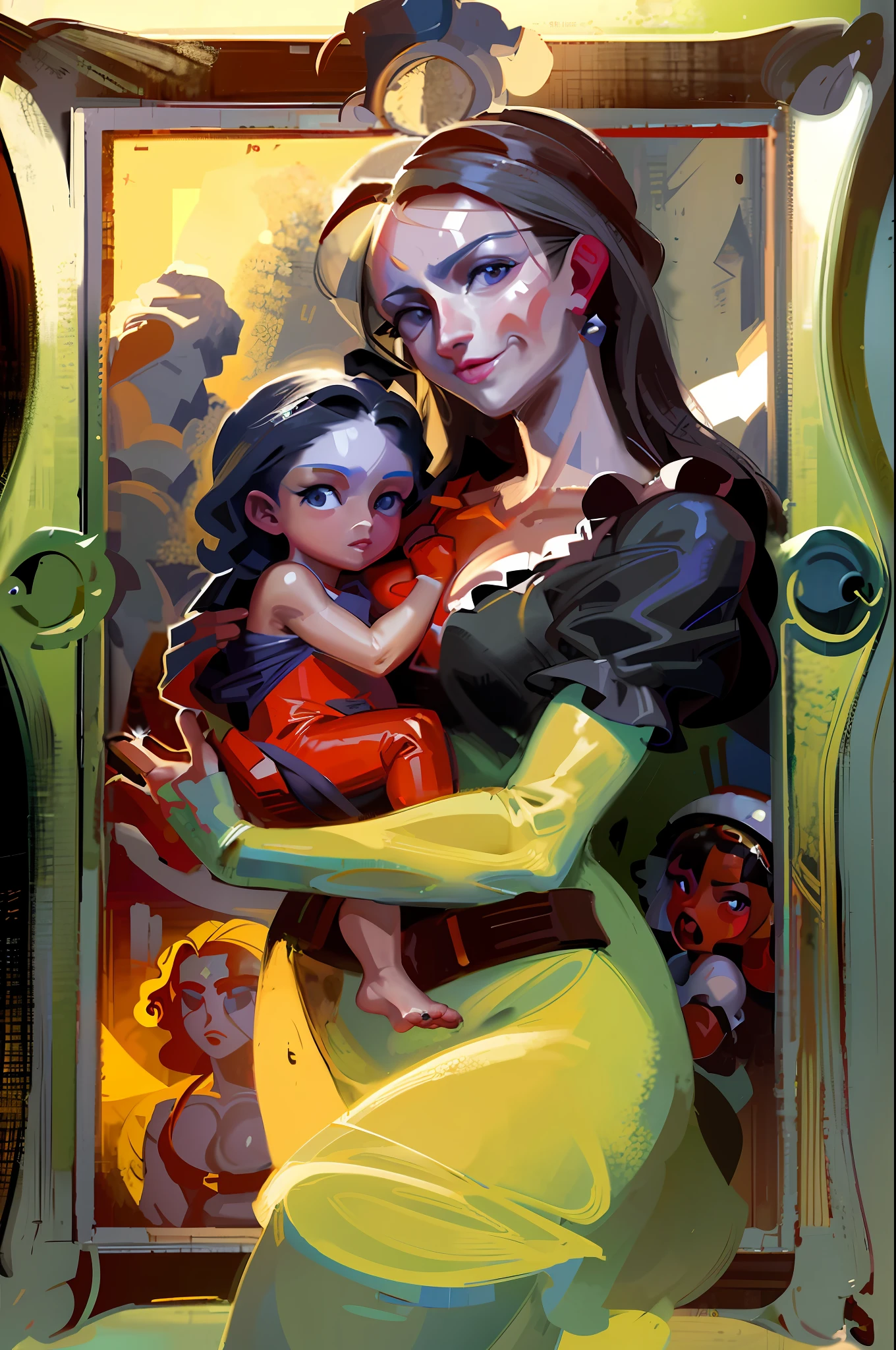 there is a painting of a woman holding a  in her arms, lois van baarle and bouguereau, baroque digital painting, by Yoshihiko Wada, artwork in the style of guweiz, guweiz masterpiece, renaissance digital painting, korean art nouveau anime, krenz cushart and artgerm, by Jason Teraoka