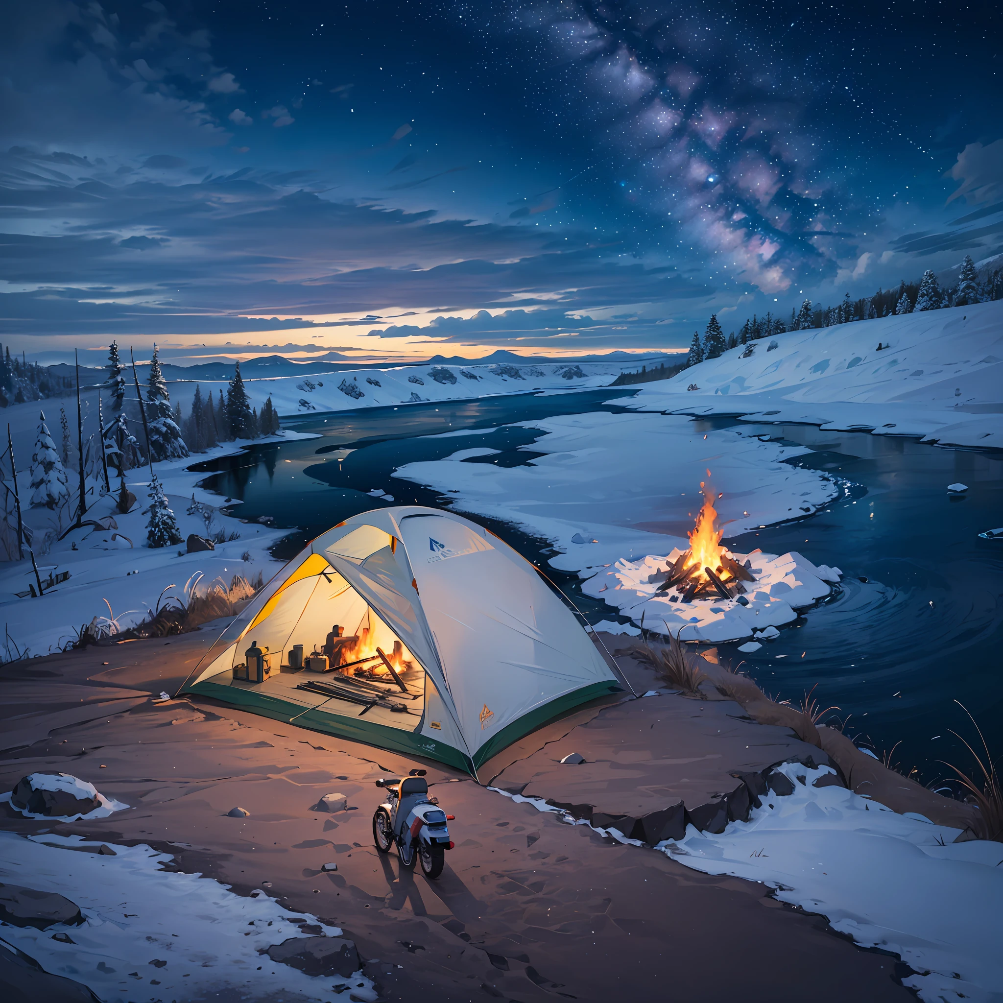 create a camp on the edge of a cliff, motorbike, motorcycle, a campfire accesses inside a circle of stones, the sky full of stars coma moon in the background, detailed, ultra realistic, high definition, 4k hd, ultra hd, mountains, lake, river, waterfall, barbecue, camping tent, best quality, photo-realistic, masterpiece, raw photo, detailed --auto --s2