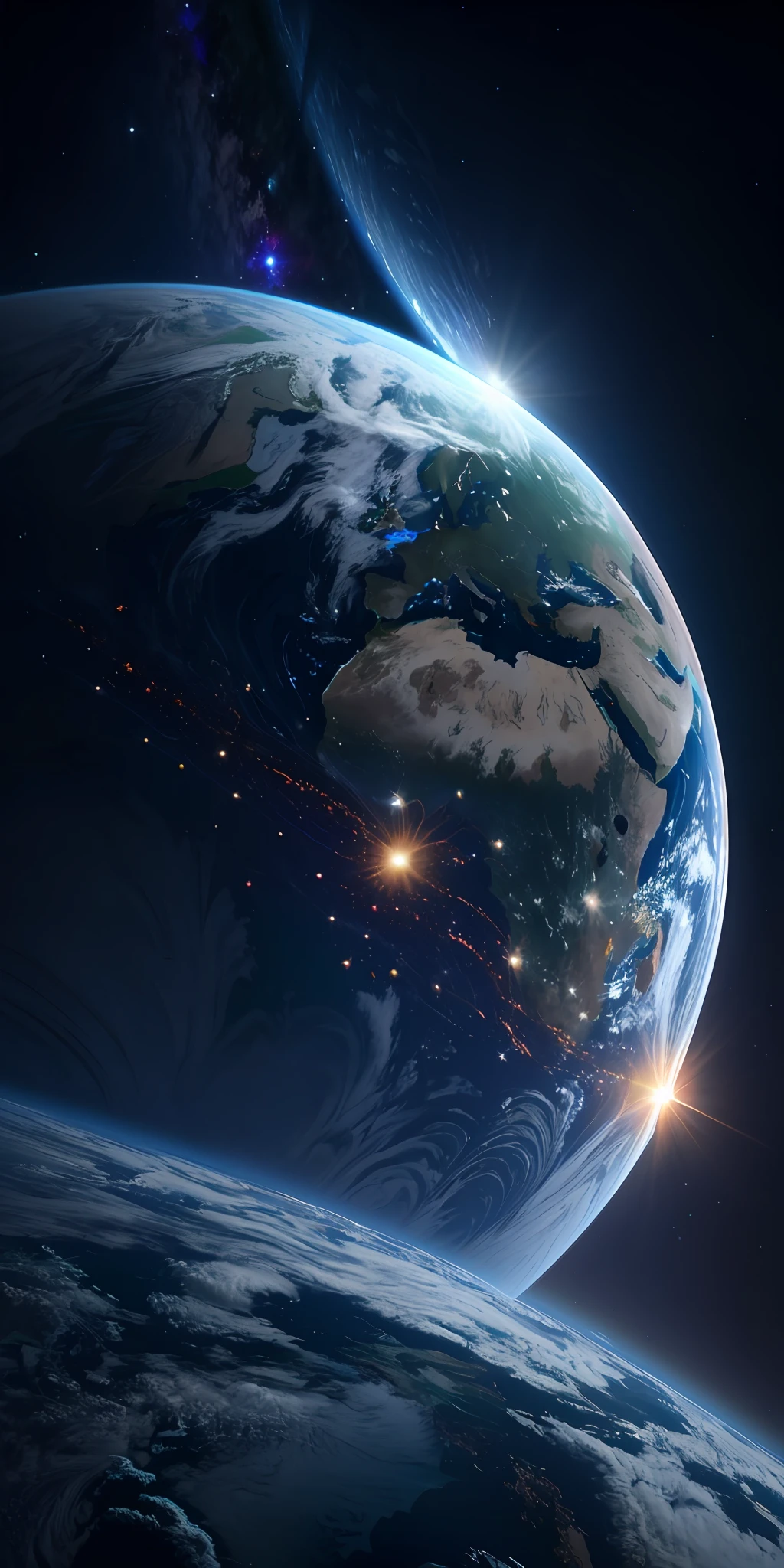a view of the earth from space with a bright light shining on it, earth in space, looming over earth in space, photo of earth from space, the earth from space, planet earth background, planet earth in the background, planet earth in foreground, planet earth in the foreground, space photo, earth in background, earth in the background, photo from space --auto --s2