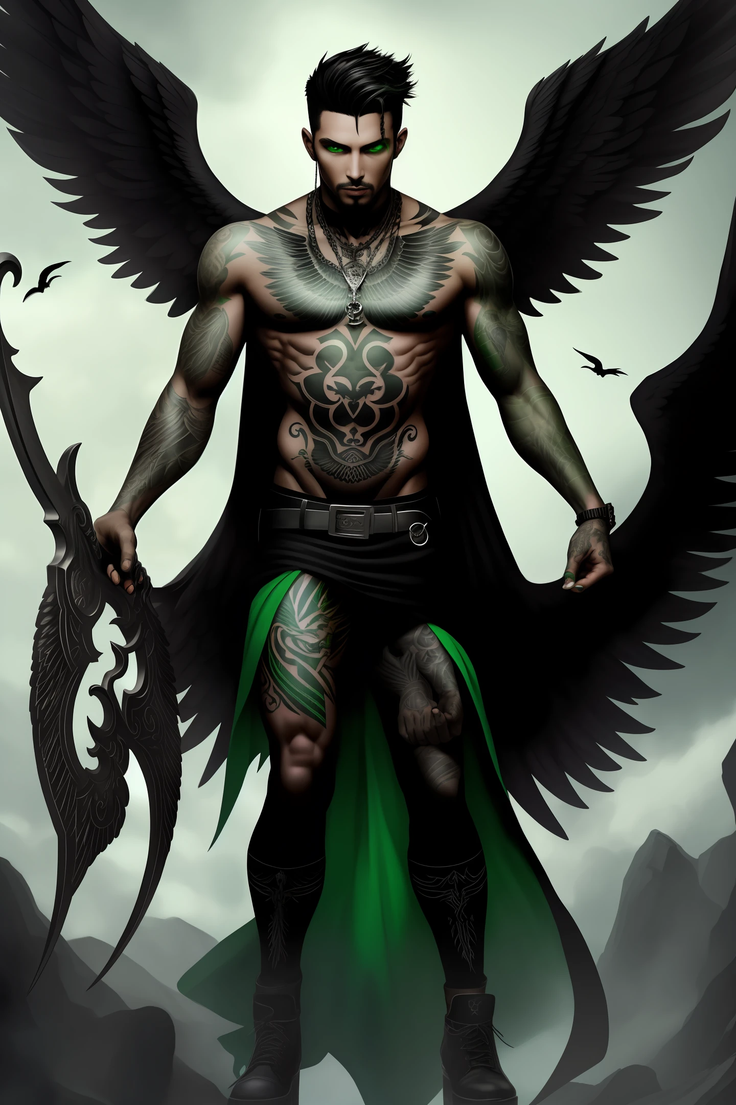 Black angel,tattooed,man,sickle,green eyes,