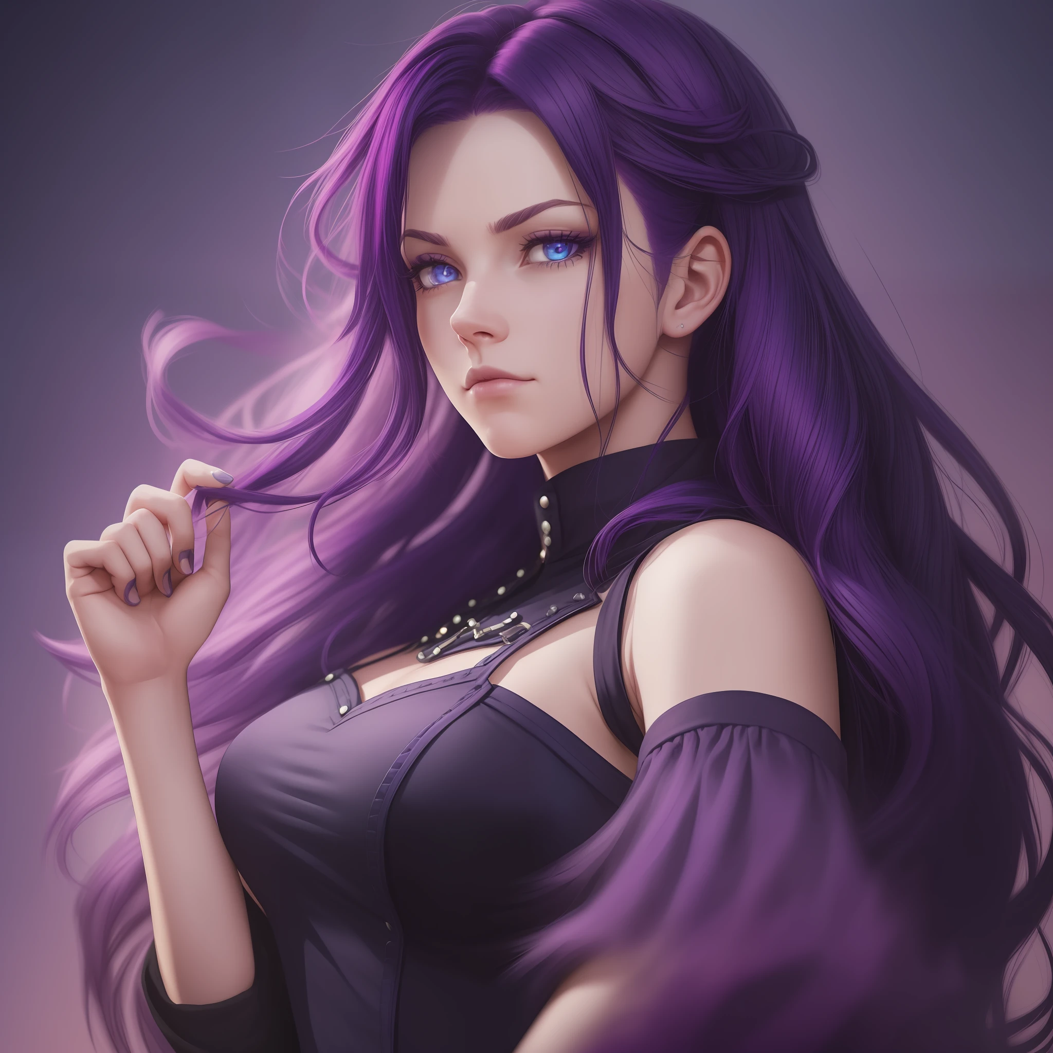 (A closeup of a person with purple hair, a black and blue shirt),(Abigail character from Stardew Valley, Epic RPG Portrait, top quality,completely detailed, flawless lighting, soft blur filter, mysterious air, vibrant dark background,RPG Portrait Prompt),(light blue eyes),((extremely detailed hair))