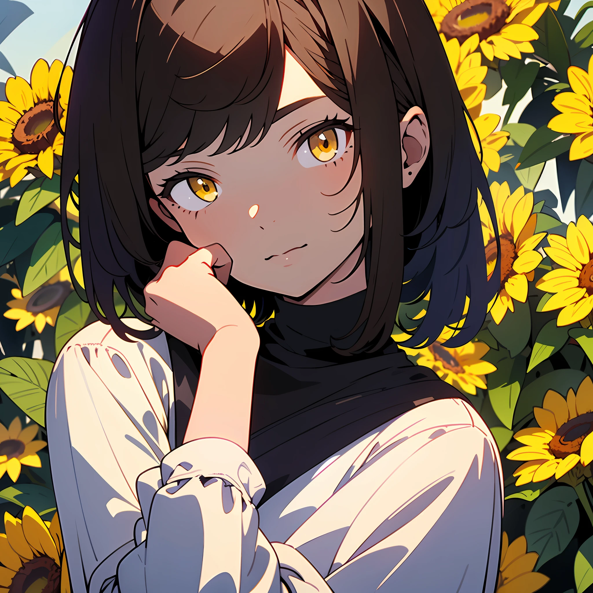 ((masterpiece, best quality)), (1girl:1.2), (solo:1.2), vivid colors, dynamic angle, haft body, short hair, bob hairstyle, yellow eyes, brown hair, , flower hairpin, white sweater, 1 mole, dark room,