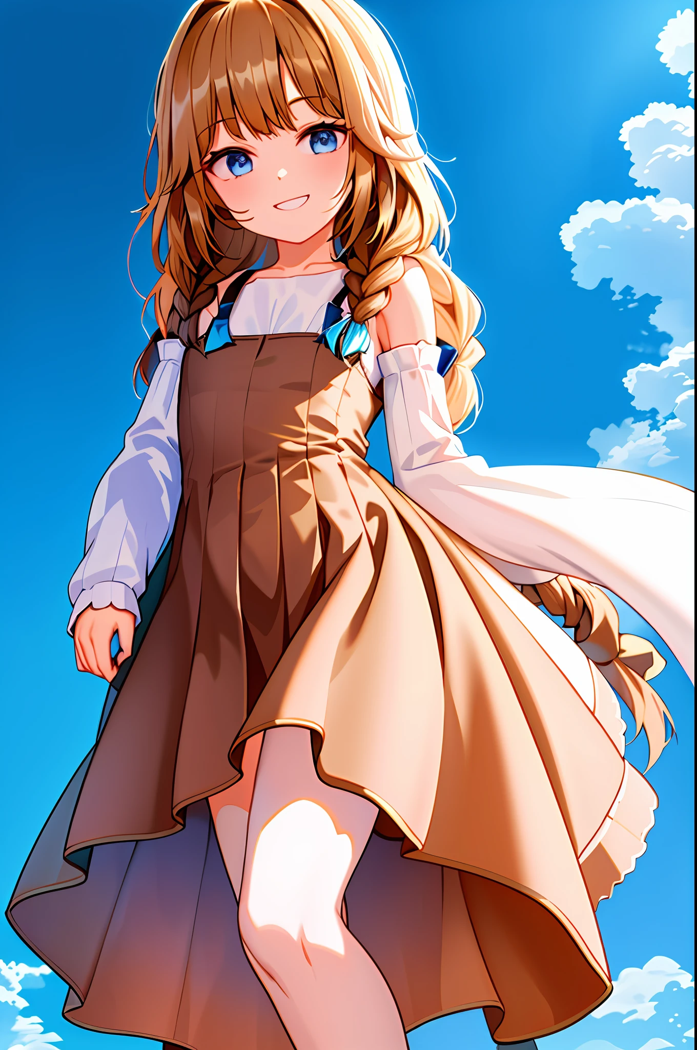 (white background, soil, upper body, bright: 1.3), smile, flat chest,
brown hair, blue eyes,
long hair, two braids, 
mantle