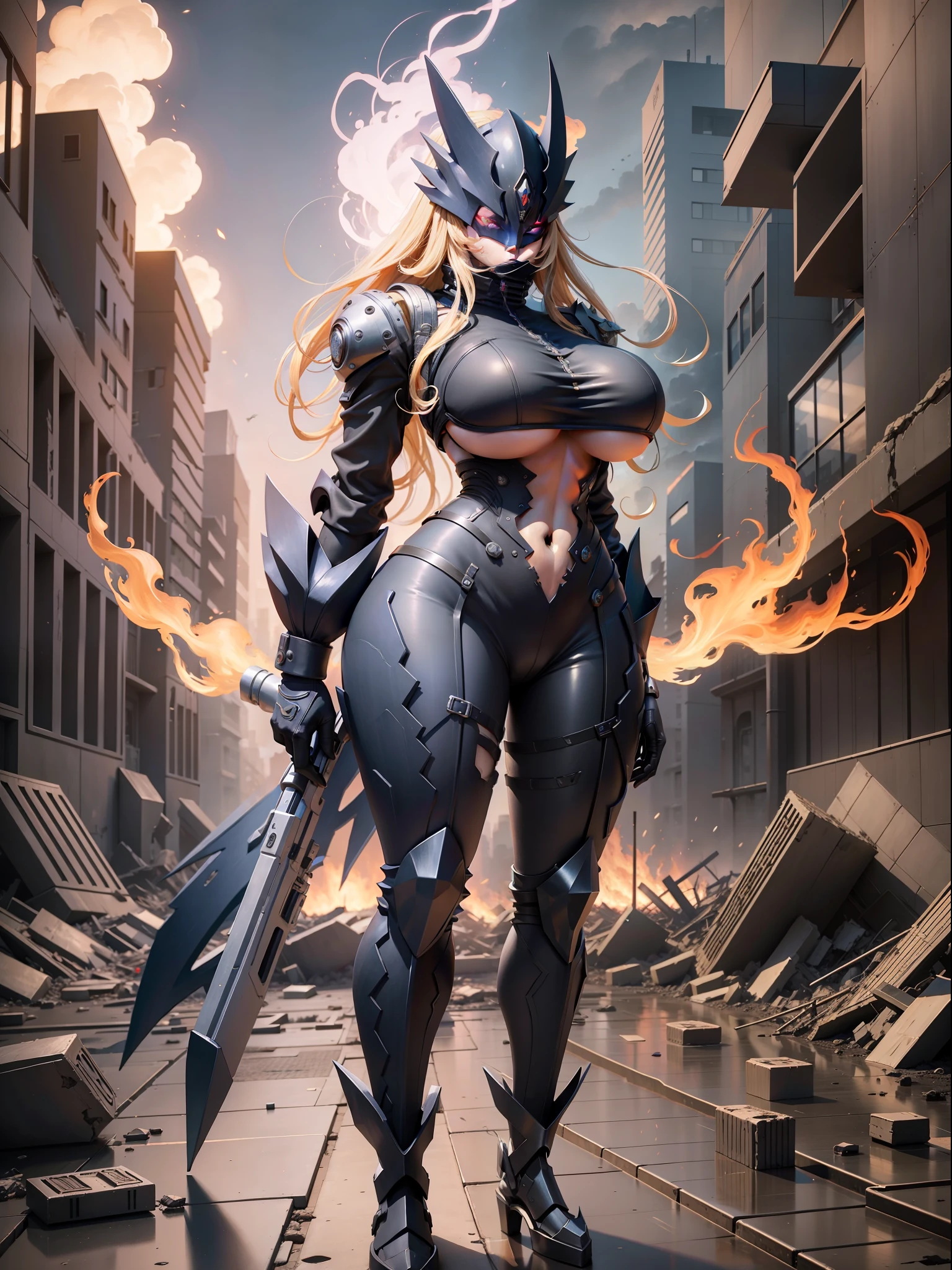 (full body/upright/standing view:1.5). (({beelstarmon})), ((in a futuristic city completely destroyed with flames coming out of the destroyed buildings)). {beelstarmon}: is looking at the viewer, (extremely :1.5), doing exhibitionist/non-tilting/unseated poses, holding a long black rifle., Hyperrealism, anime, 16k, UHD, masterpiece, best quality, high details