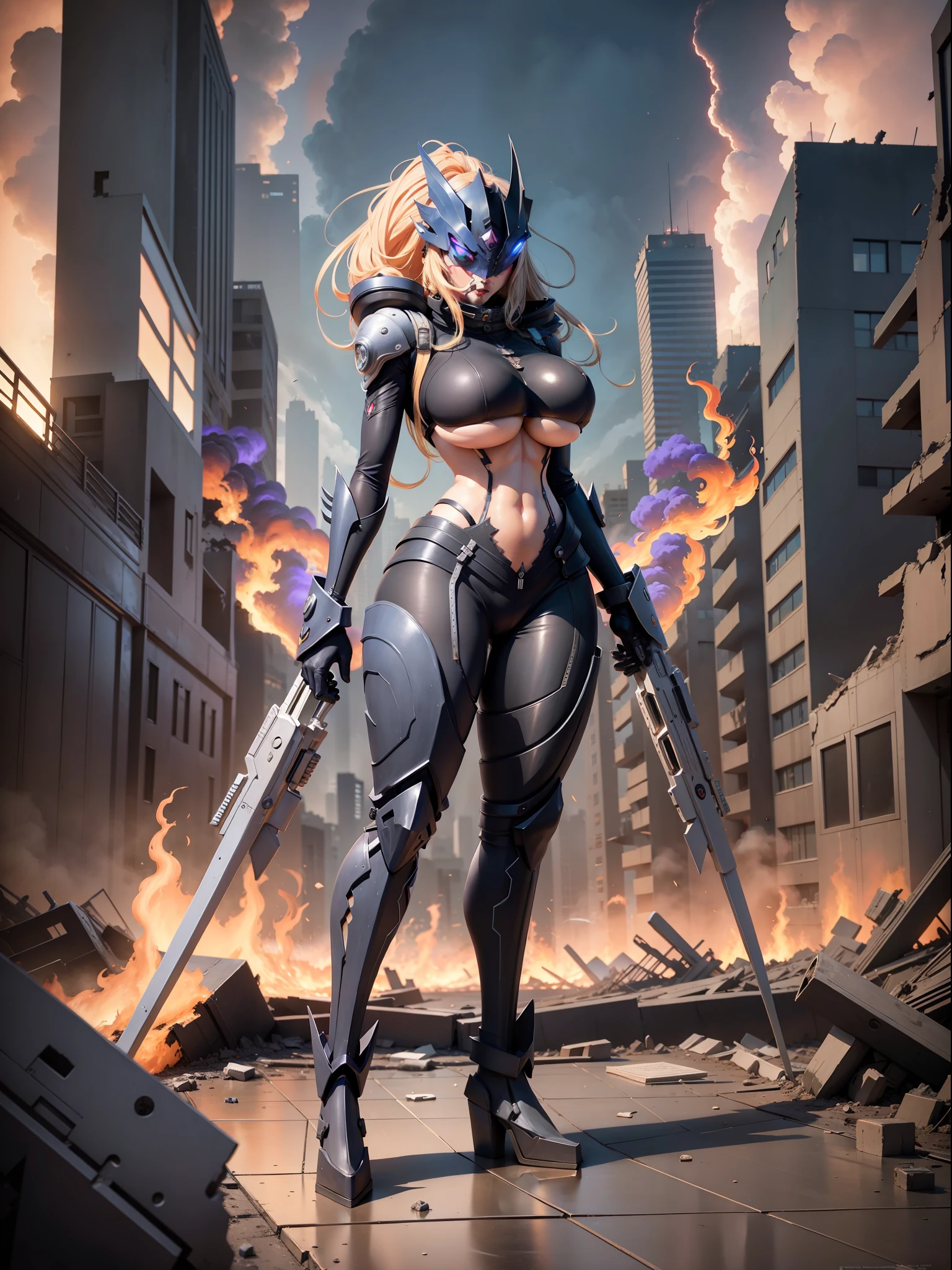 (full body/upright/standing view:1.5). (({beelstarmon})), ((in a futuristic city completely destroyed with flames coming out of the destroyed buildings)). {beelstarmon}: is looking at the viewer, (extremely large breasts:1.5), doing exhibitionist/non-tilting/unseated poses, holding a long black rifle., Hyperrealism, anime, 16k, UHD, masterpiece, best quality, high details